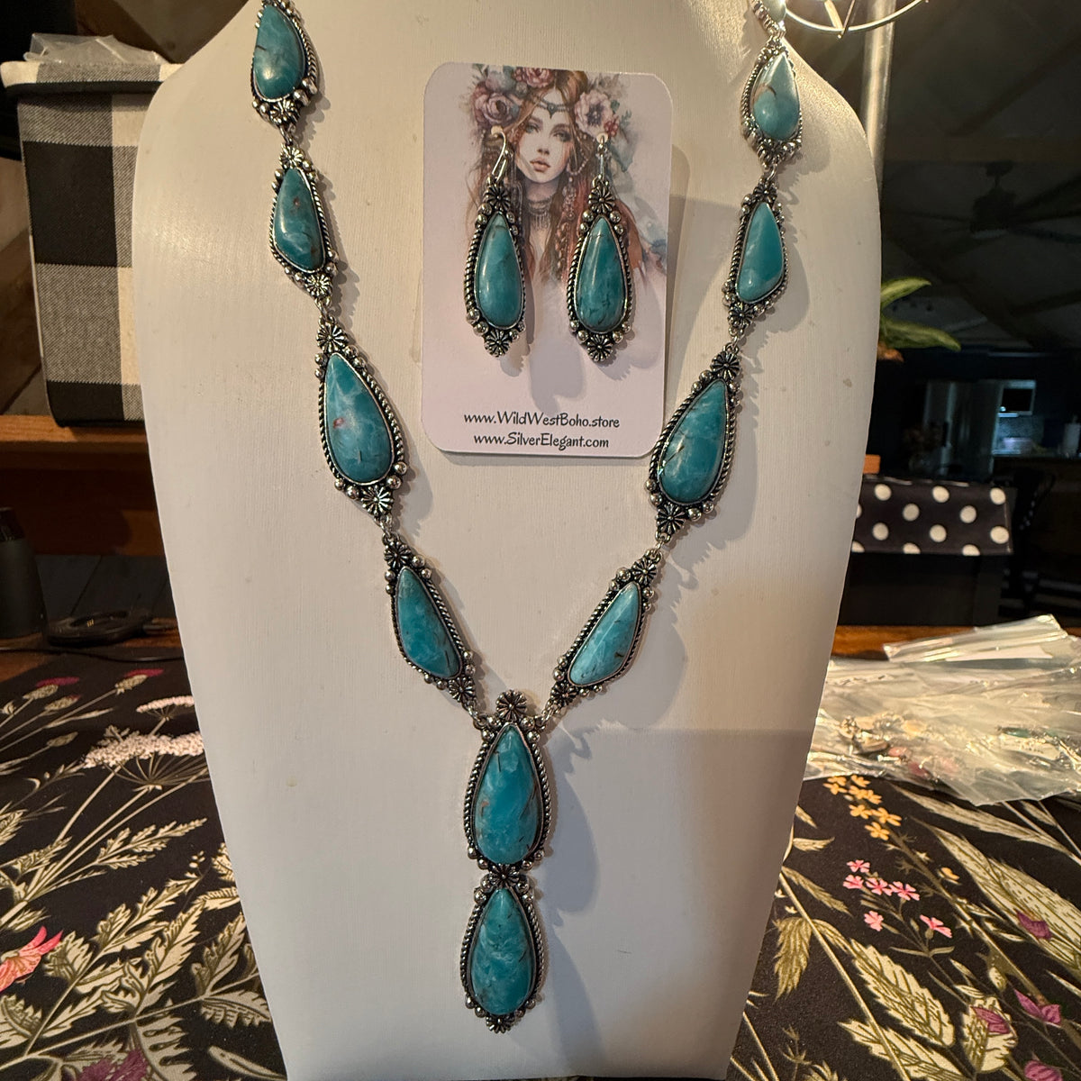 Handcrafted Turquoise Teardrop Silver Plated Lariat Necklace And Earrings Set, 30 Inches Wild West Boho