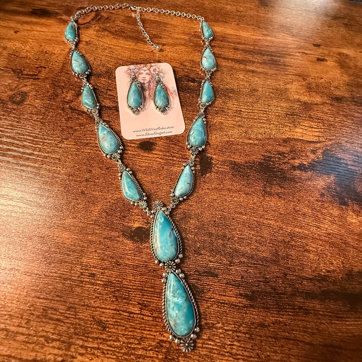 Handcrafted Turquoise Teardrop Silver Plated Lariat Necklace And Earrings Set, 30 Inches Wild West Boho