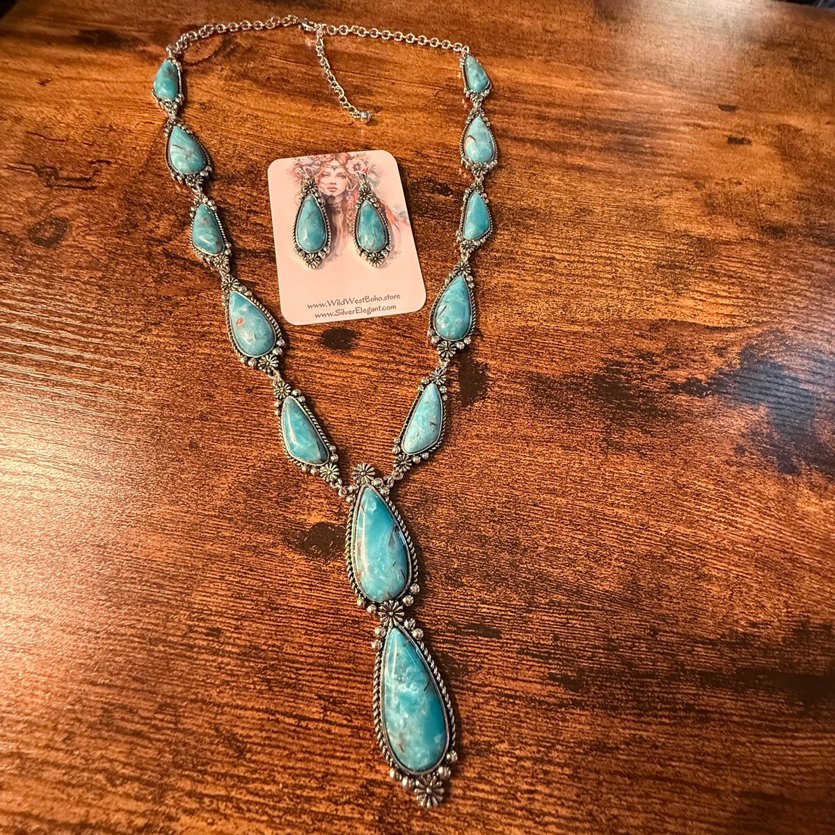Handcrafted Turquoise Teardrop Silver Plated Lariat Necklace And Earrings Set, 30 Inches Wild West Boho