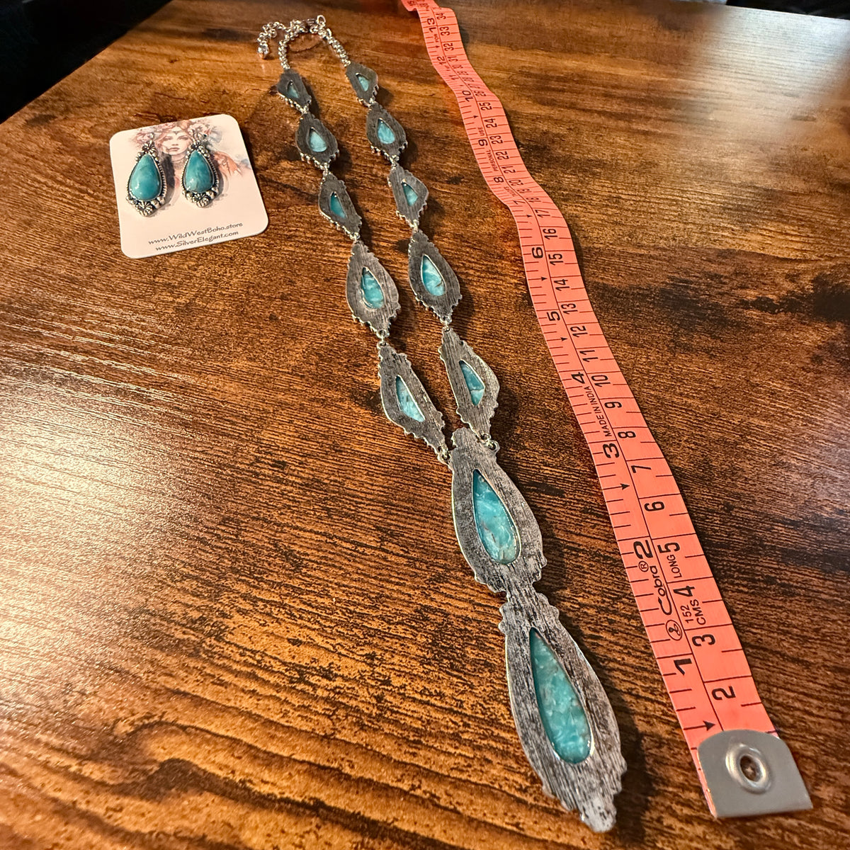 Handcrafted Turquoise Teardrop Silver Plated Lariat Necklace And Earrings Set, 30 Inches Wild West Boho