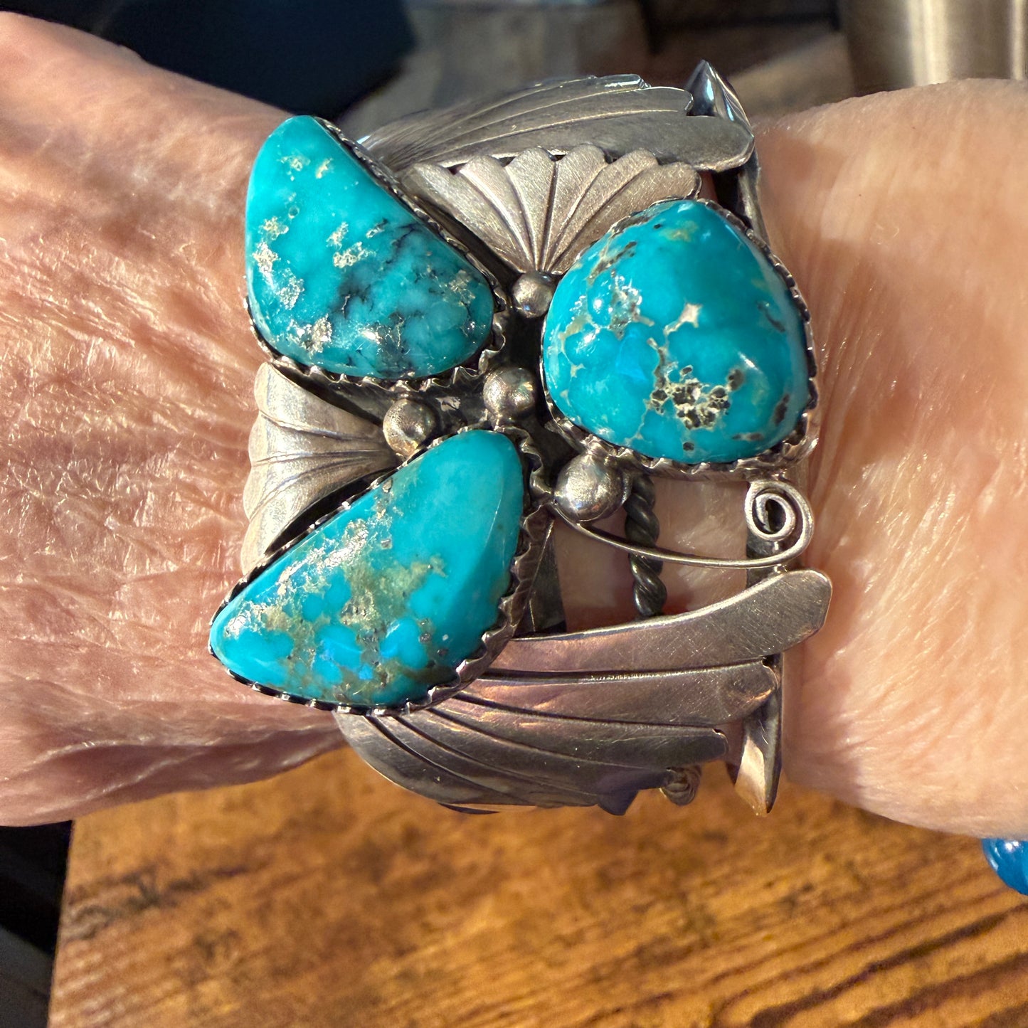 Kingman Turquoise Heavy Wide Cuff Bracelet in Sterling Silver Wild West Boho