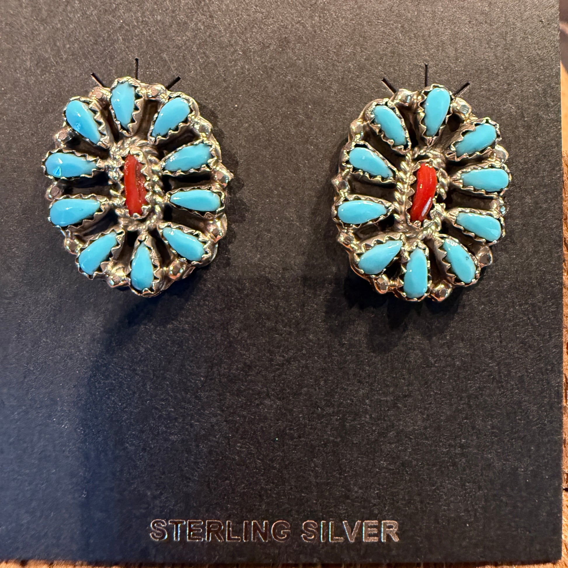 Navajo Handmade Milton James Turquoise and Coral Stud Earrings in Sterling Silver Wild West Boho