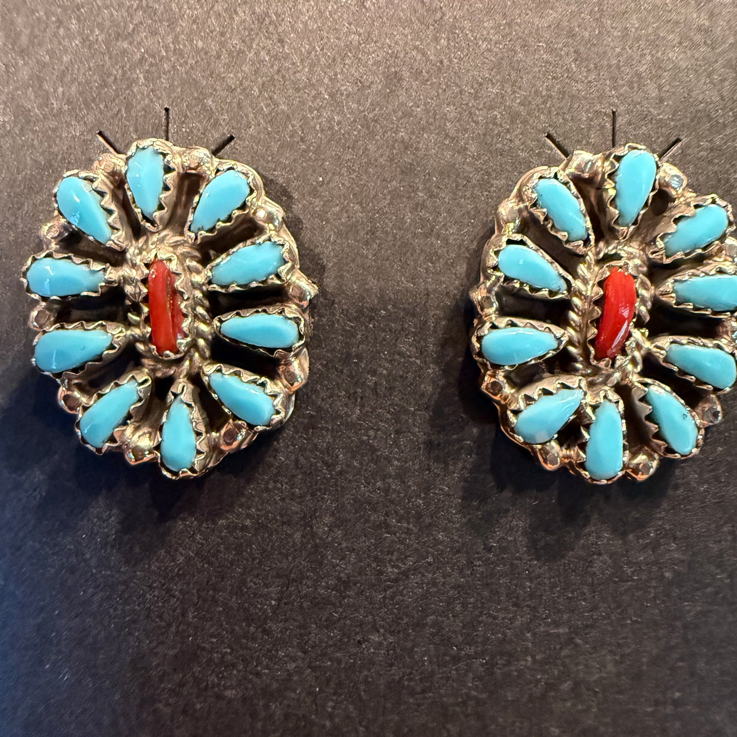 Navajo Handmade Milton James Turquoise and Coral Stud Earrings in Sterling Silver Wild West Boho