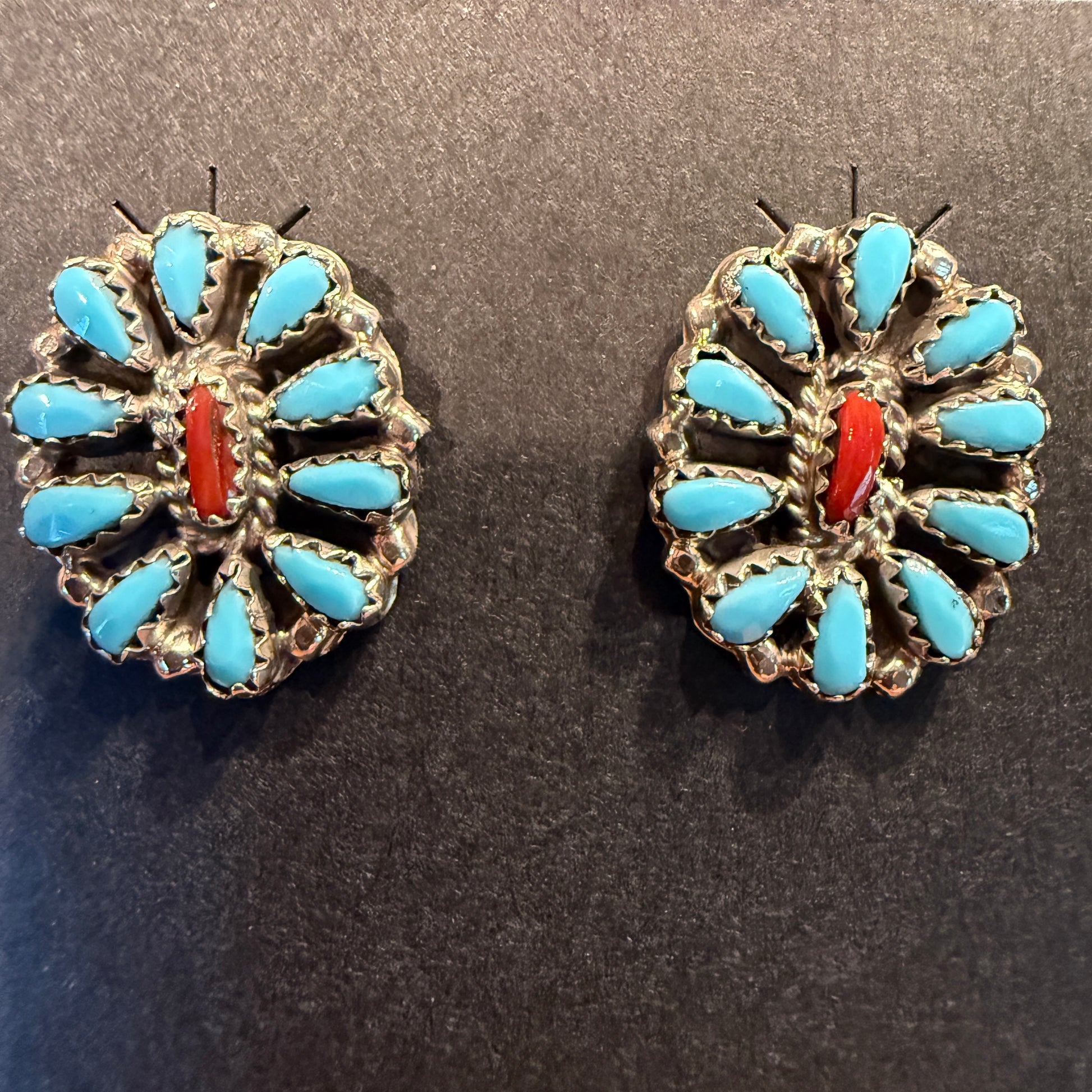 Navajo Handmade Milton James Turquoise and Coral Stud Earrings in Sterling Silver Wild West Boho