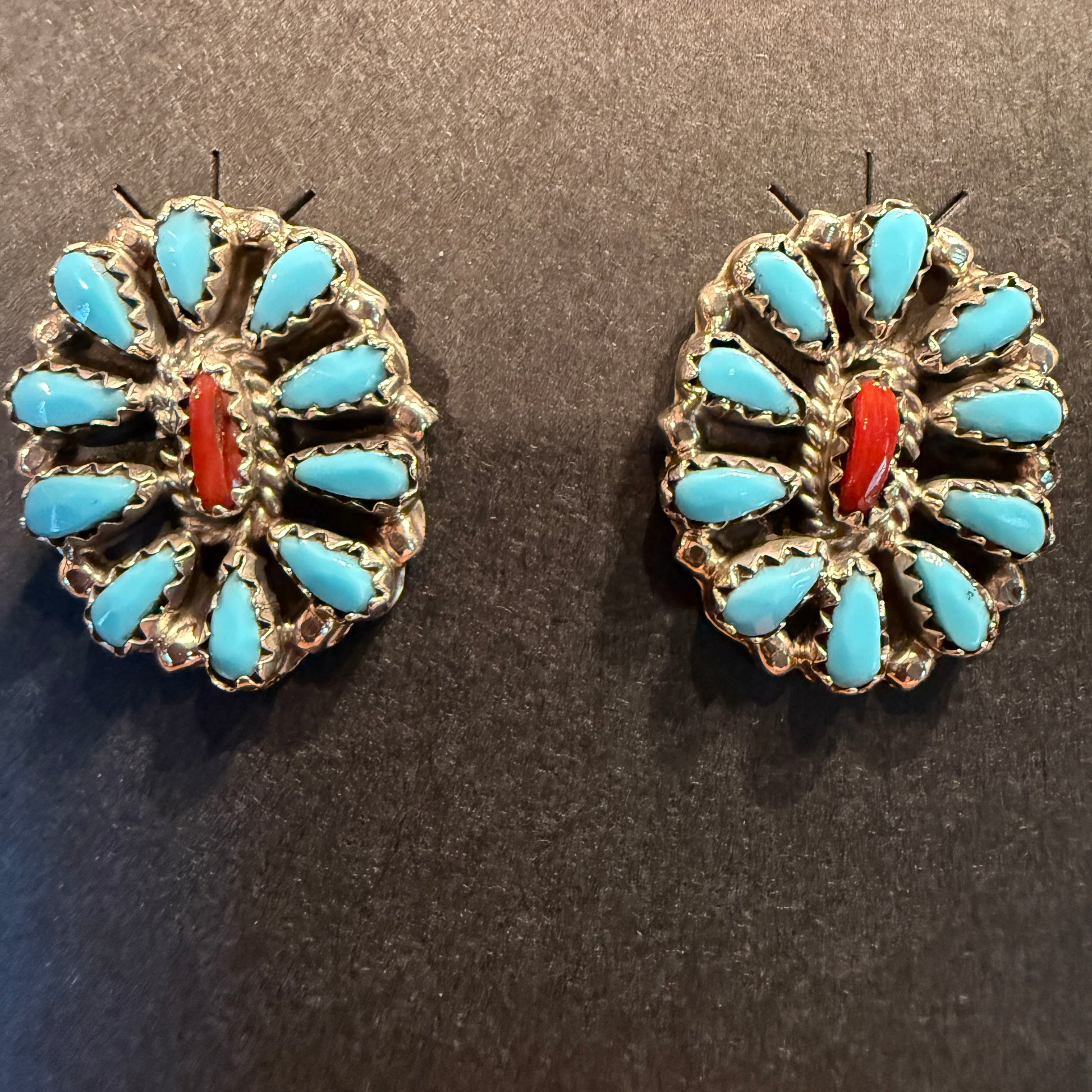 Navajo Handmade Milton James Turquoise and Coral Stud Earrings in Sterling Silver Wild West Boho