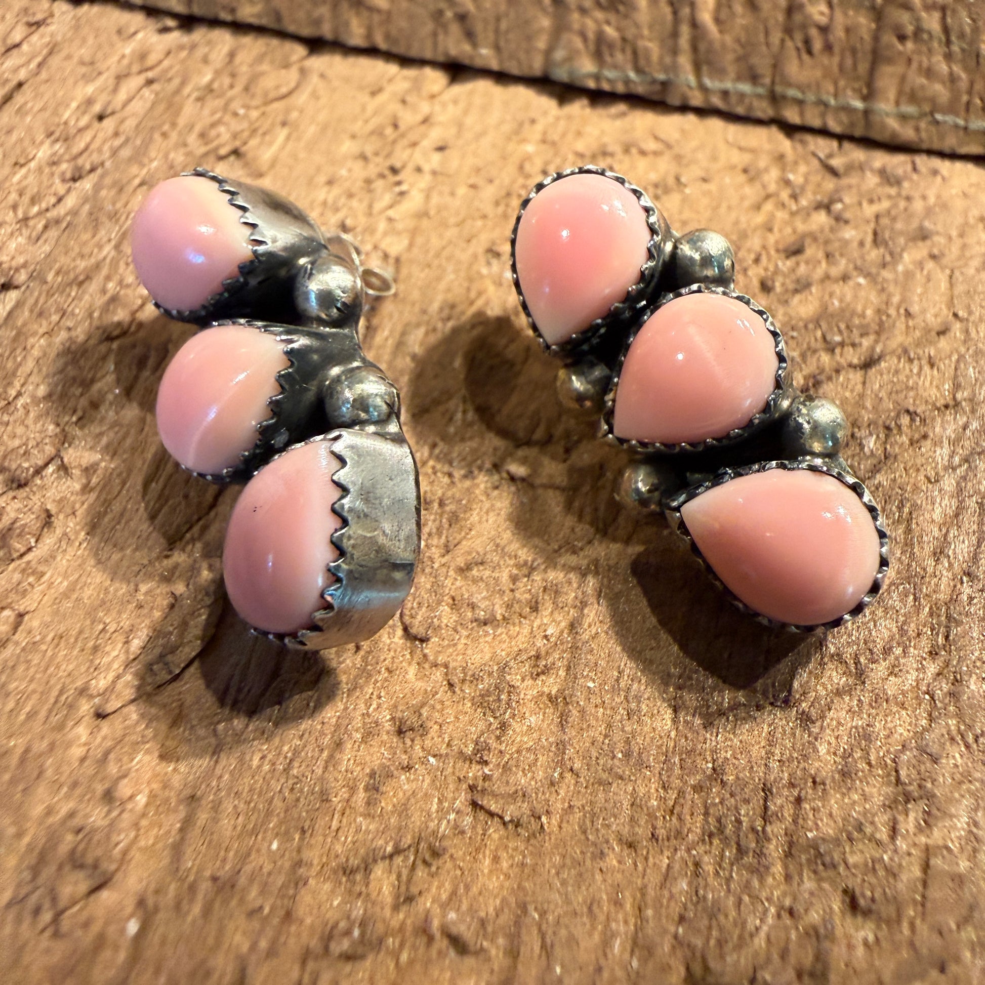 Signed Native Made Queen Pink Conch Gemstone Stud Earrings in Sterling Silver Wild West Boho