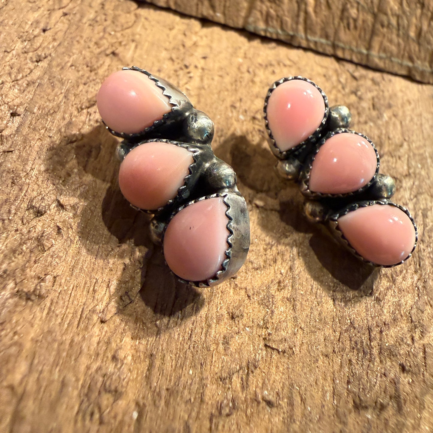Signed Native Made Queen Pink Conch Gemstone Stud Earrings in Sterling Silver Wild West Boho