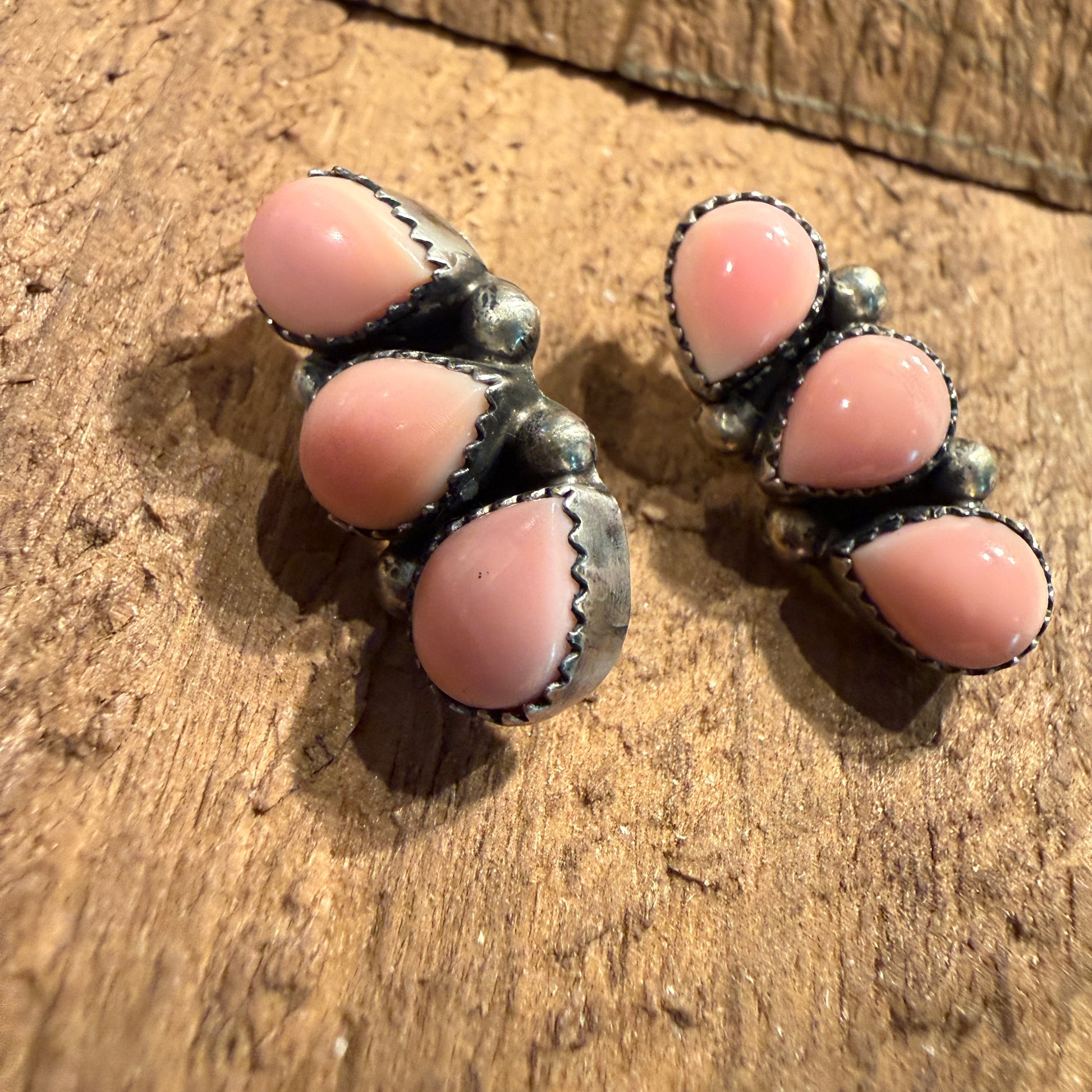 Signed Native Made Queen Pink Conch Gemstone Stud Earrings in Sterling Silver Wild West Boho