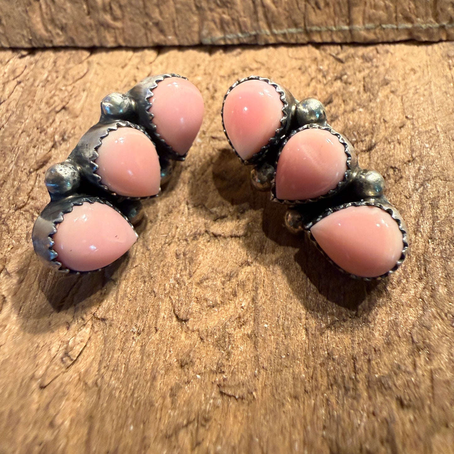 Signed Native Made Queen Pink Conch Gemstone Stud Earrings in Sterling Silver Wild West Boho