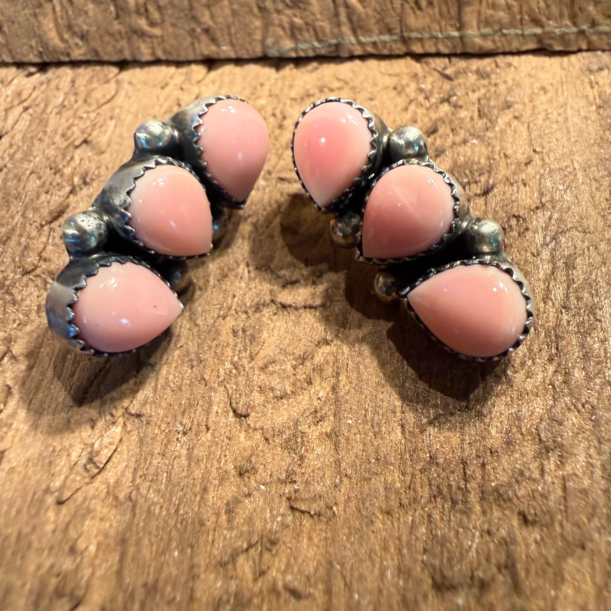 Signed Native Made Queen Pink Conch Gemstone Stud Earrings in Sterling Silver Wild West Boho