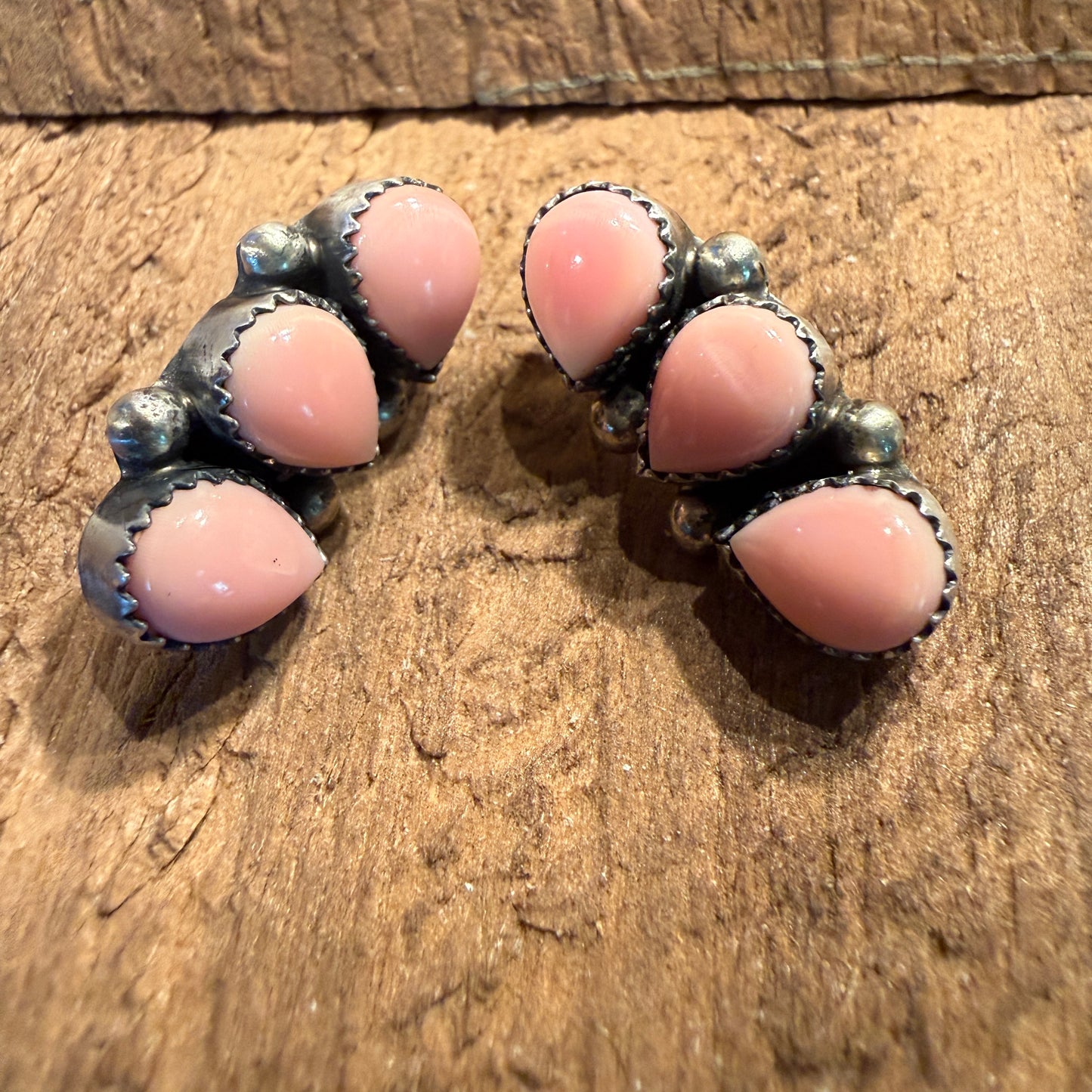Signed Native Made Queen Pink Conch Gemstone Stud Earrings in Sterling Silver Wild West Boho