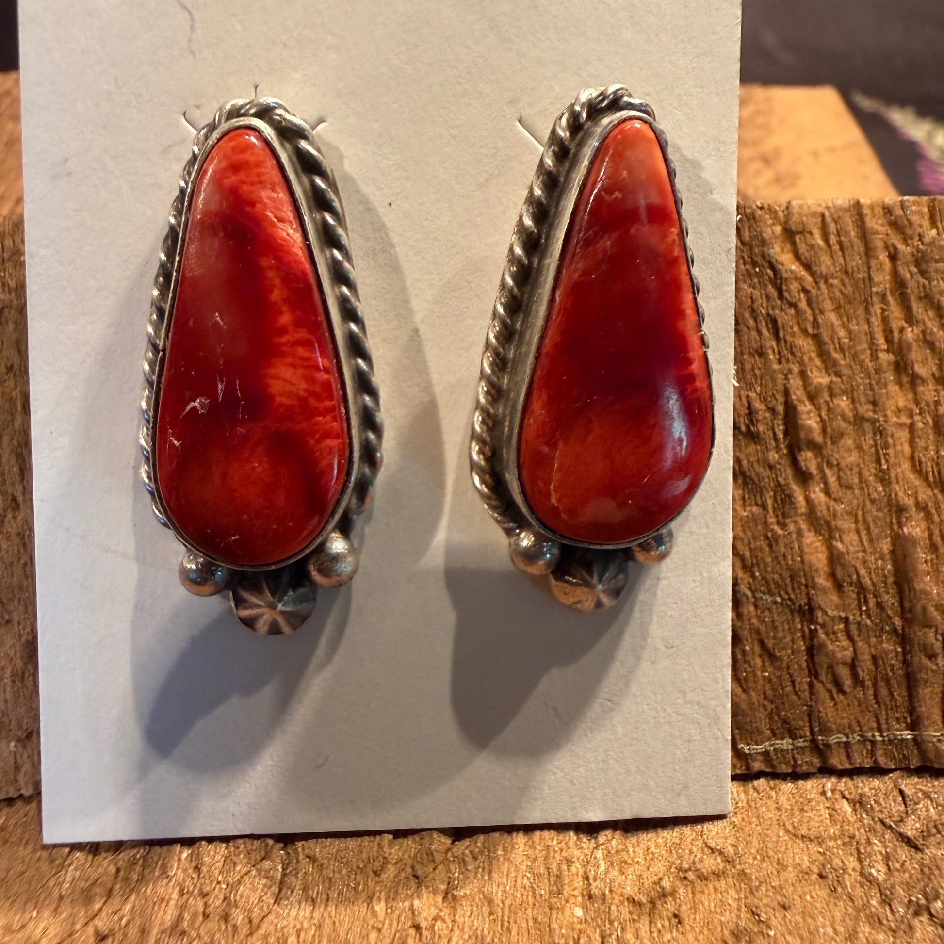 Native Handmade Chassidy Belone Spiny Oyster Stud Earring in Sterling Silver Wild West Boho