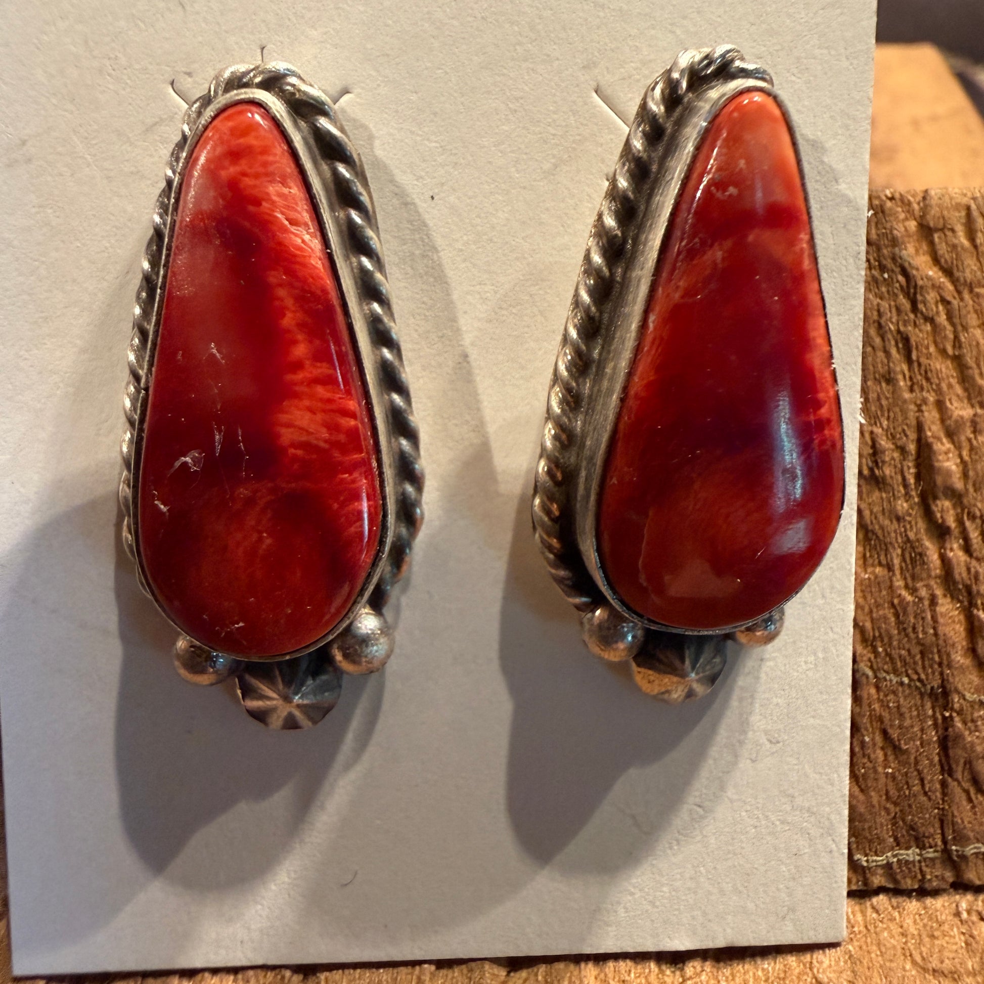 Native Handmade Chassidy Belone Spiny Oyster Stud Earring in Sterling Silver Wild West Boho