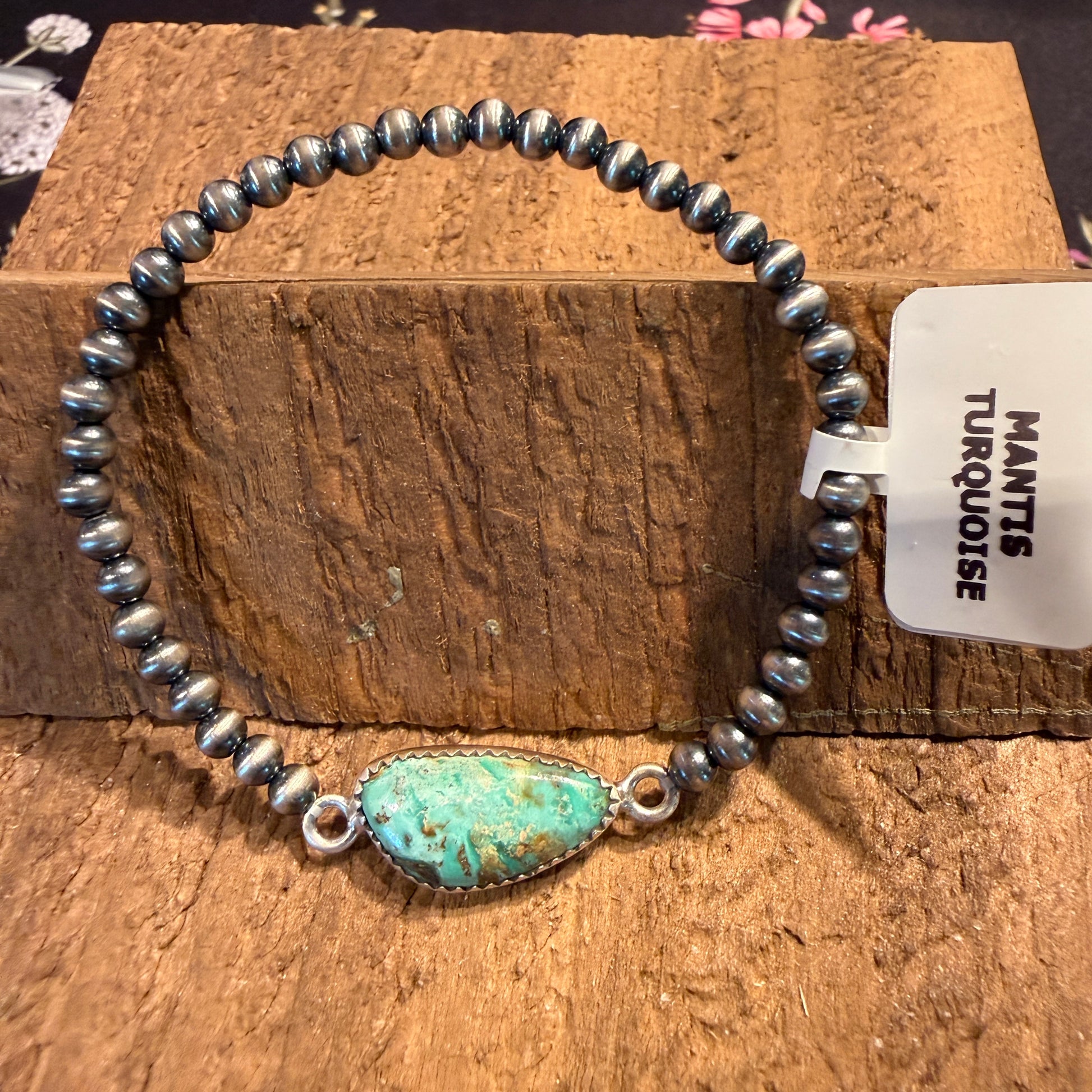 Mantis Turquoise Gemstone 3mm Silver Desert Pearls Stretch Bracelet Wild West Boho
