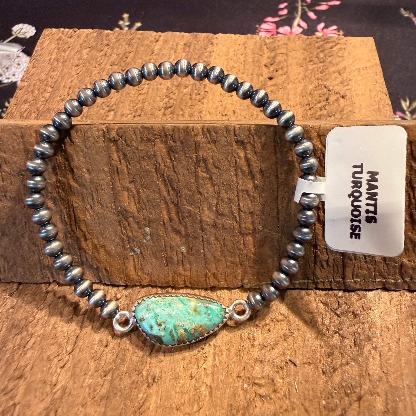 Mantis Turquoise Gemstone 3mm Silver Desert Pearls Stretch Bracelet Wild West Boho