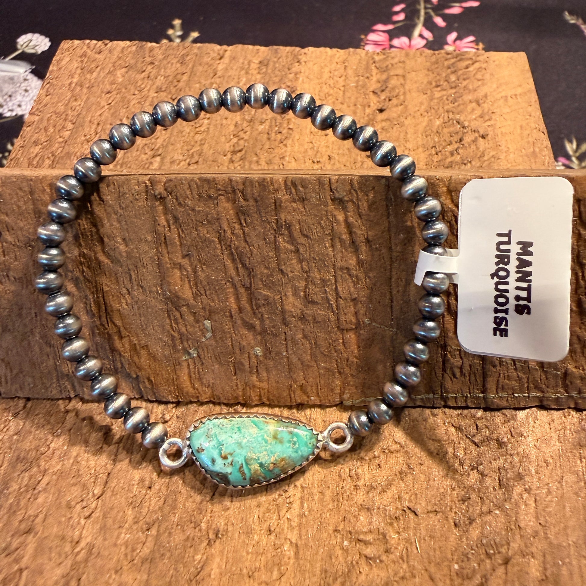 Mantis Turquoise Gemstone 3mm Silver Desert Pearls Stretch Bracelet Wild West Boho