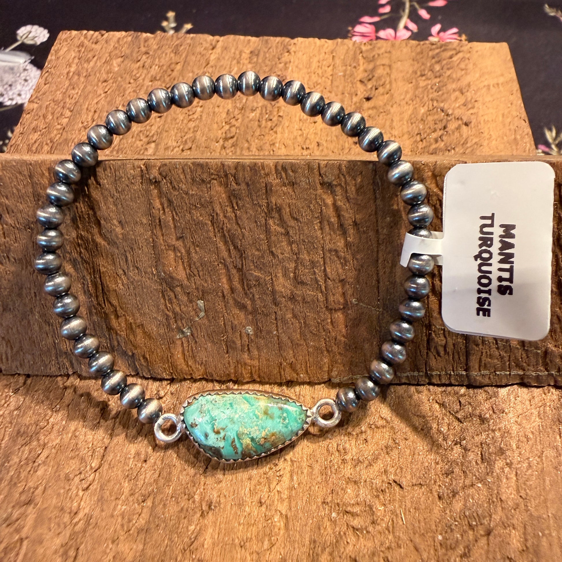 Mantis Turquoise Gemstone 3mm Silver Desert Pearls Stretch Bracelet Wild West Boho