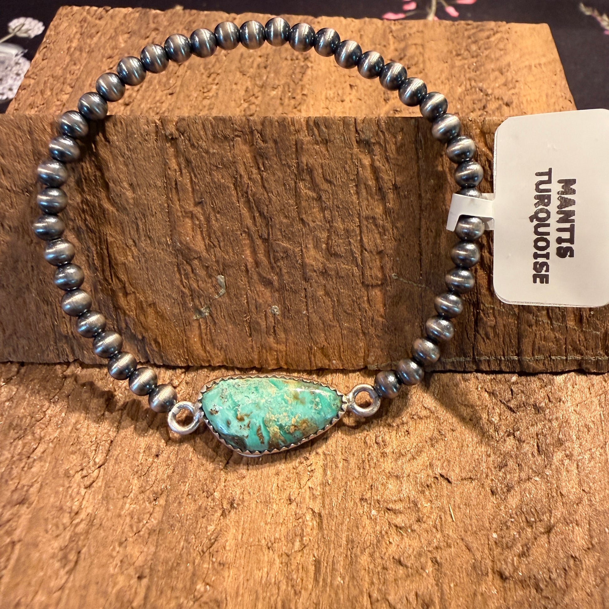 Mantis Turquoise Gemstone 3mm Silver Desert Pearls Stretch Bracelet Wild West Boho