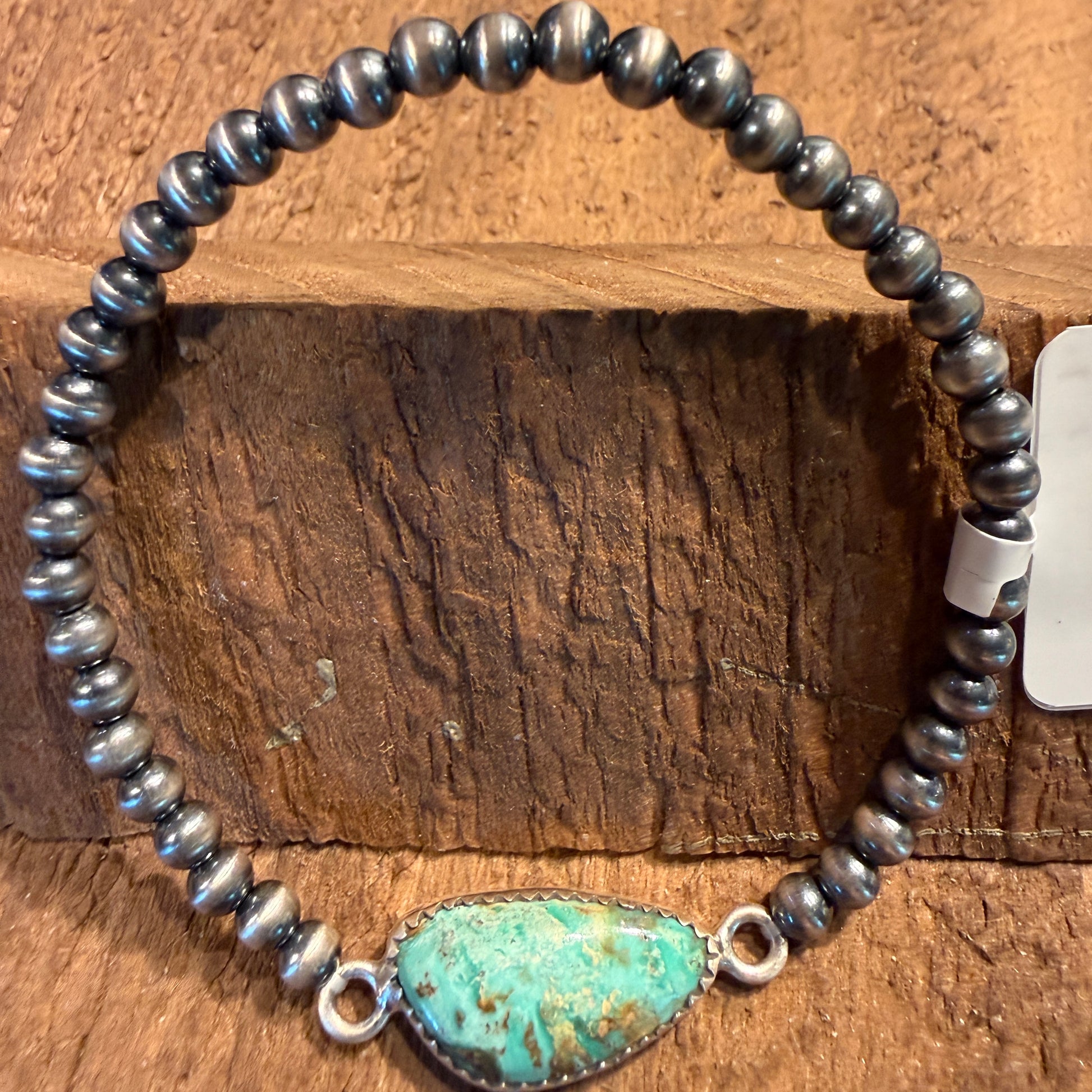 Mantis Turquoise Gemstone 3mm Silver Desert Pearls Stretch Bracelet Wild West Boho