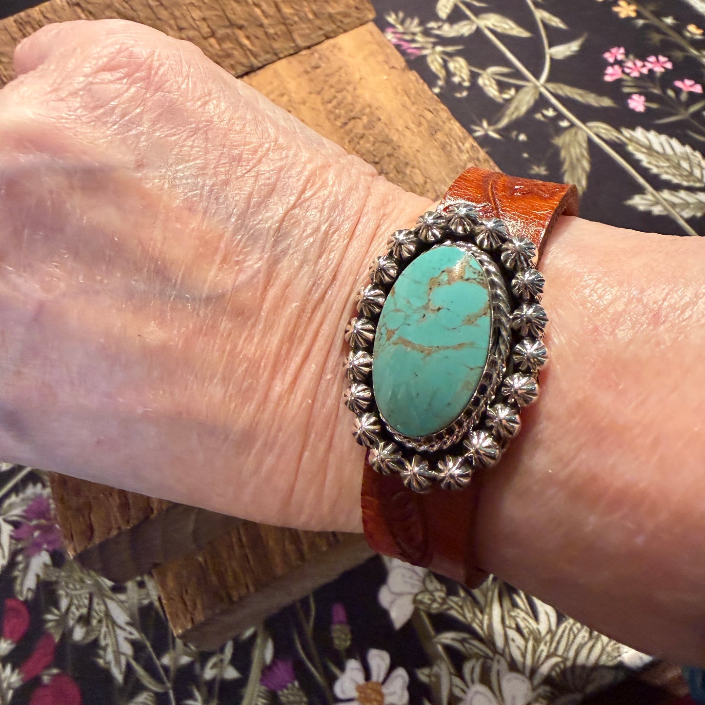 Royston Turquoise Gemstone Susanne Johnson Navajo Handmade Tooled Leather Bracelet Wild West Boho