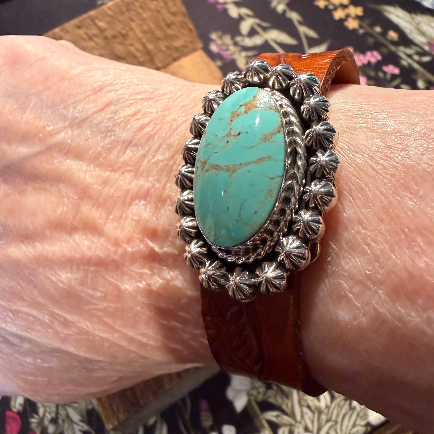 Royston Turquoise Gemstone Susanne Johnson Navajo Handmade Tooled Leather Bracelet Wild West Boho