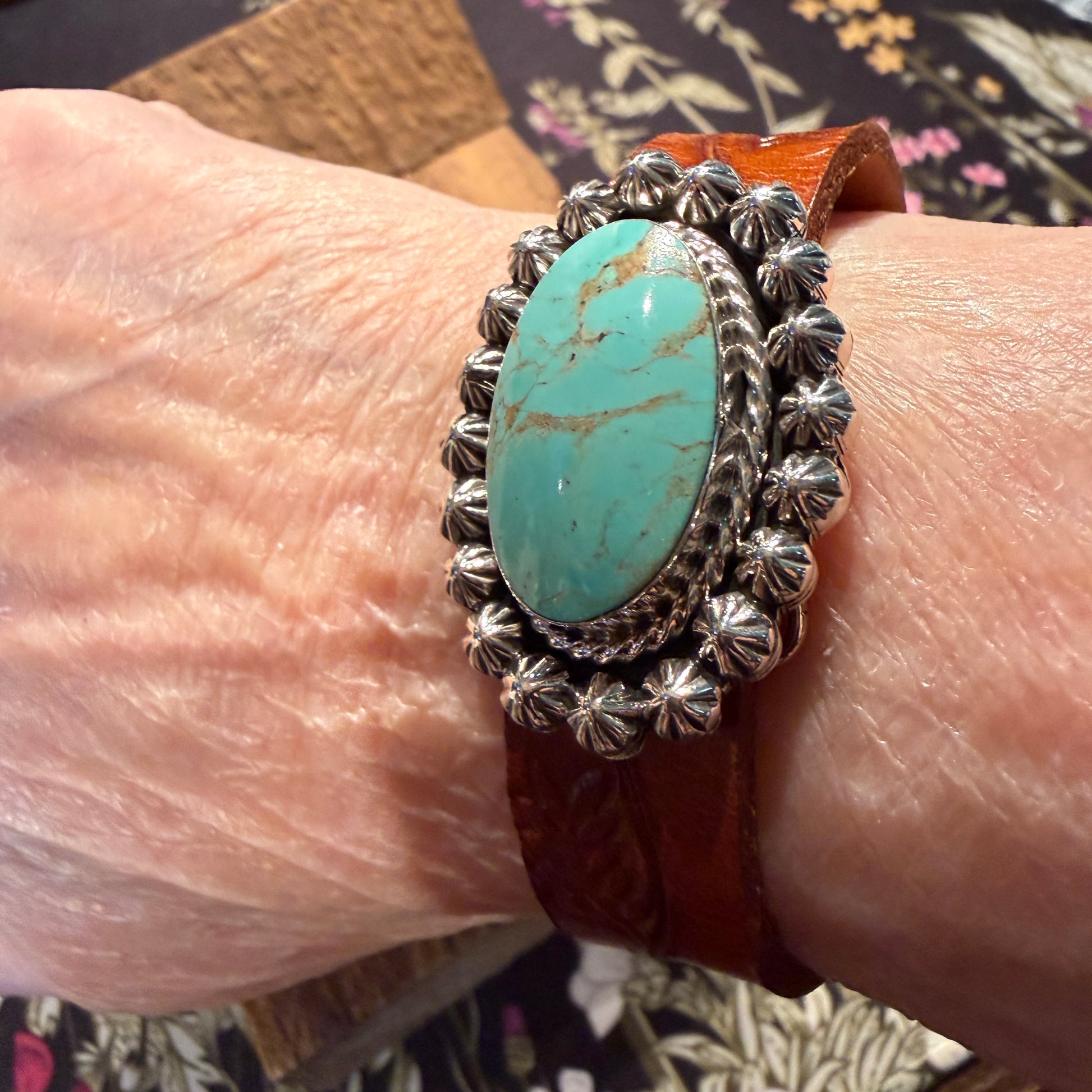 Royston Turquoise Gemstone Susanne Johnson Navajo Handmade Tooled Leather Bracelet Wild West Boho
