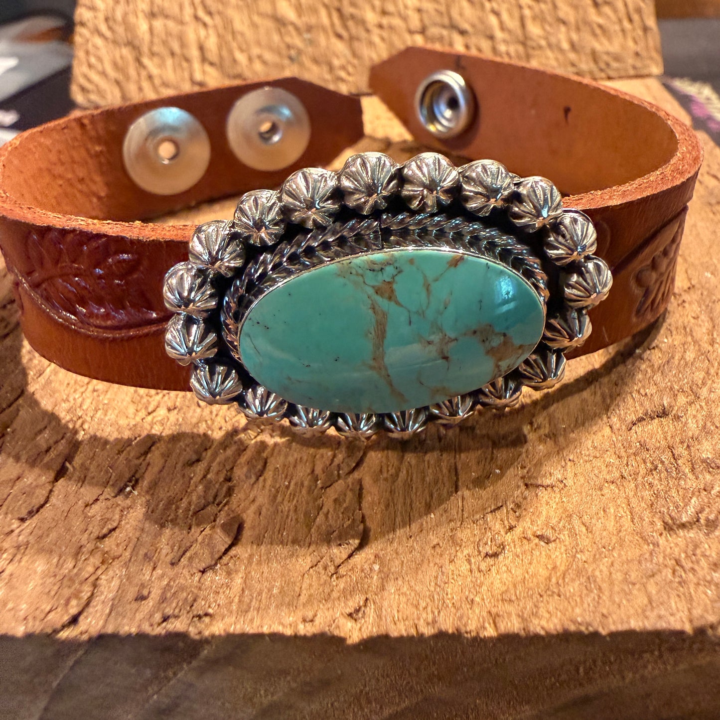Royston Turquoise Gemstone Susanne Johnson Navajo Handmade Tooled Leather Bracelet Wild West Boho