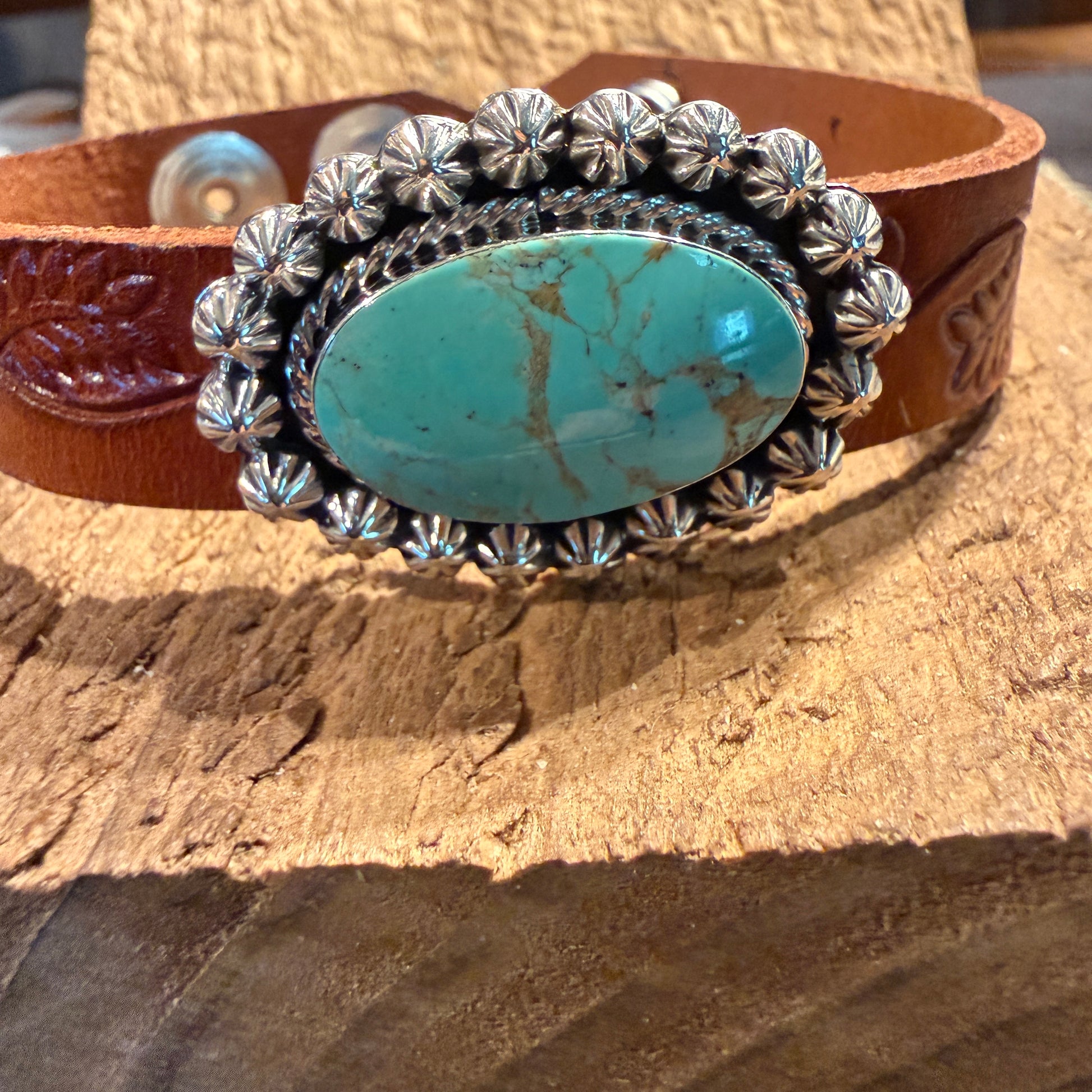 Royston Turquoise Gemstone Susanne Johnson Navajo Handmade Tooled Leather Bracelet Wild West Boho