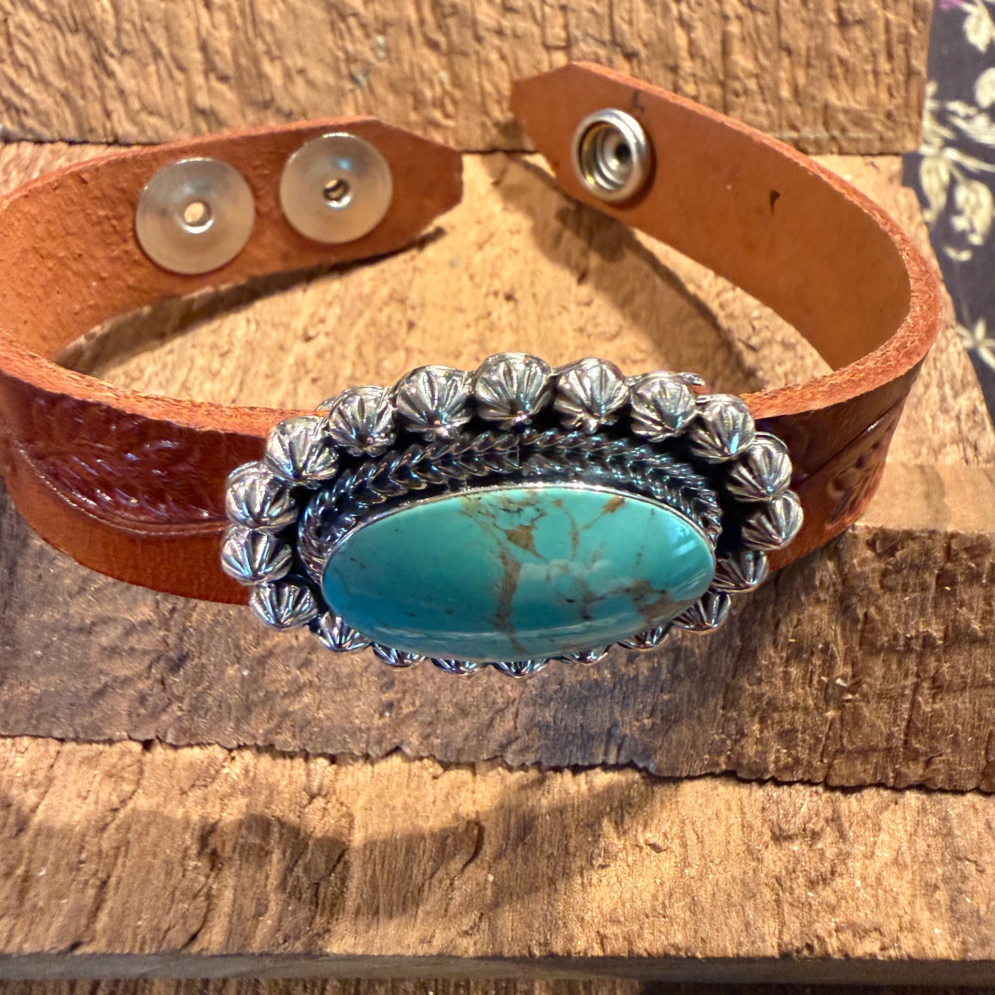 Royston Turquoise Gemstone Susanne Johnson Navajo Handmade Tooled Leather Bracelet Wild West Boho