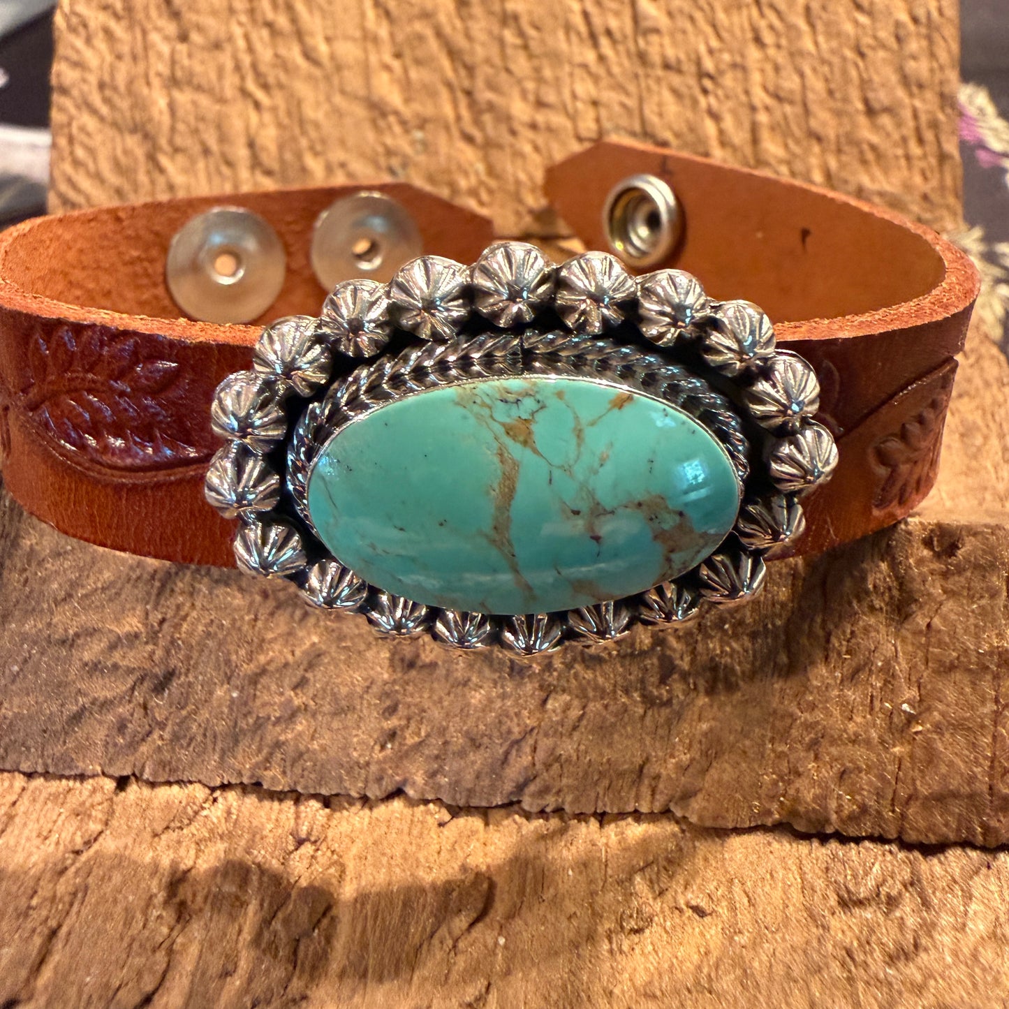 Royston Turquoise Gemstone Susanne Johnson Navajo Handmade Tooled Leather Bracelet Wild West Boho