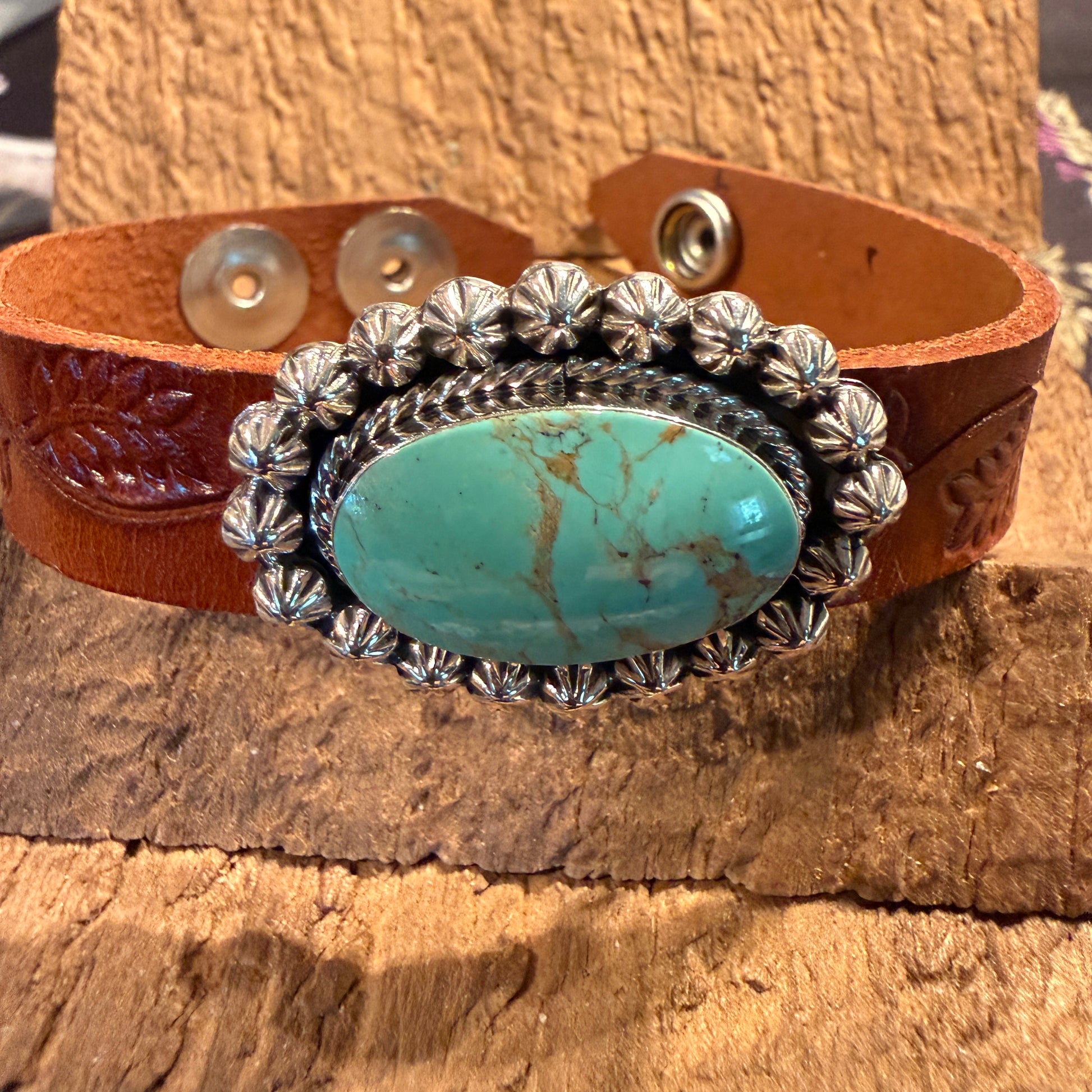 Royston Turquoise Gemstone Susanne Johnson Navajo Handmade Tooled Leather Bracelet Wild West Boho