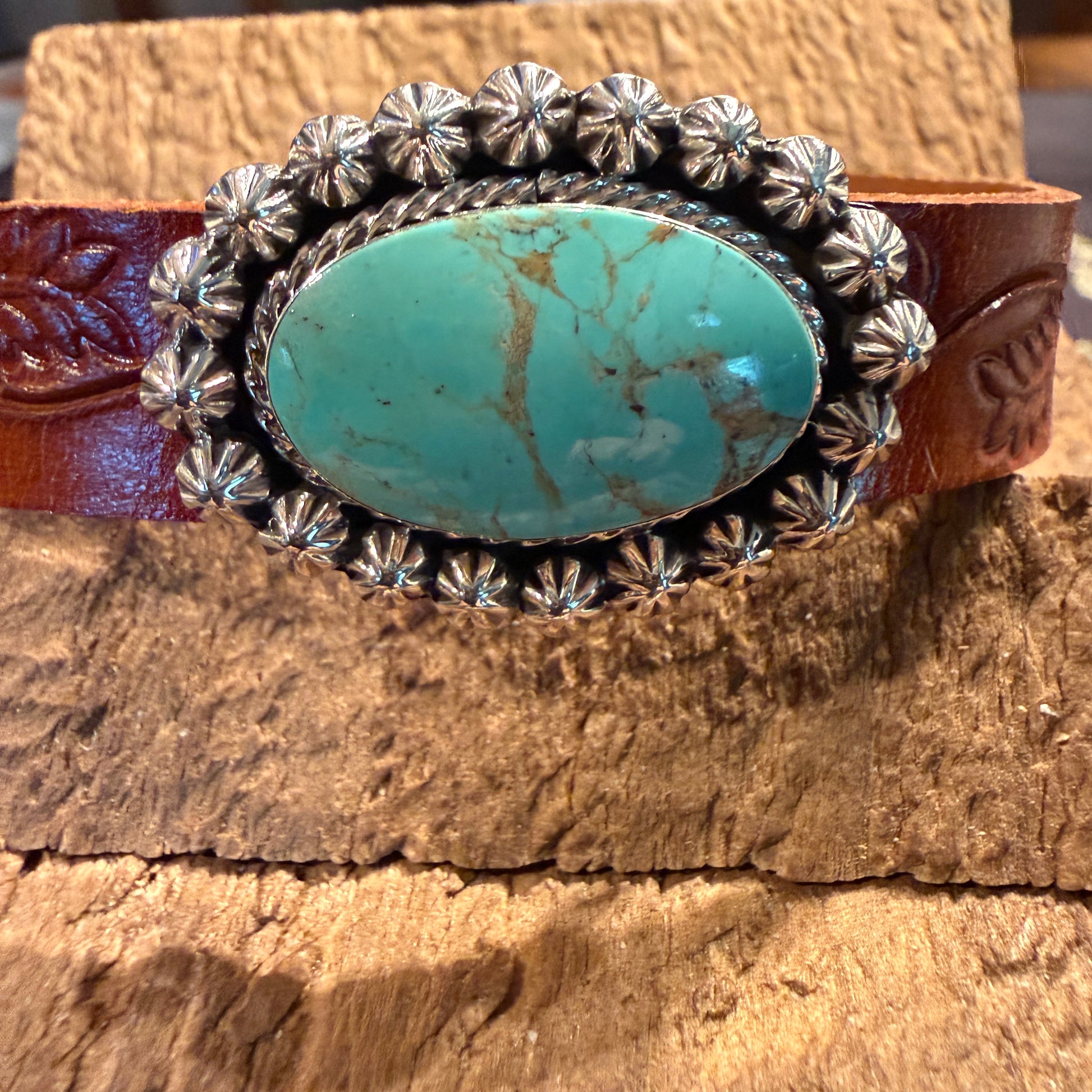 Royston Turquoise Gemstone Susanne Johnson Navajo Handmade Tooled Leather Bracelet Wild West Boho