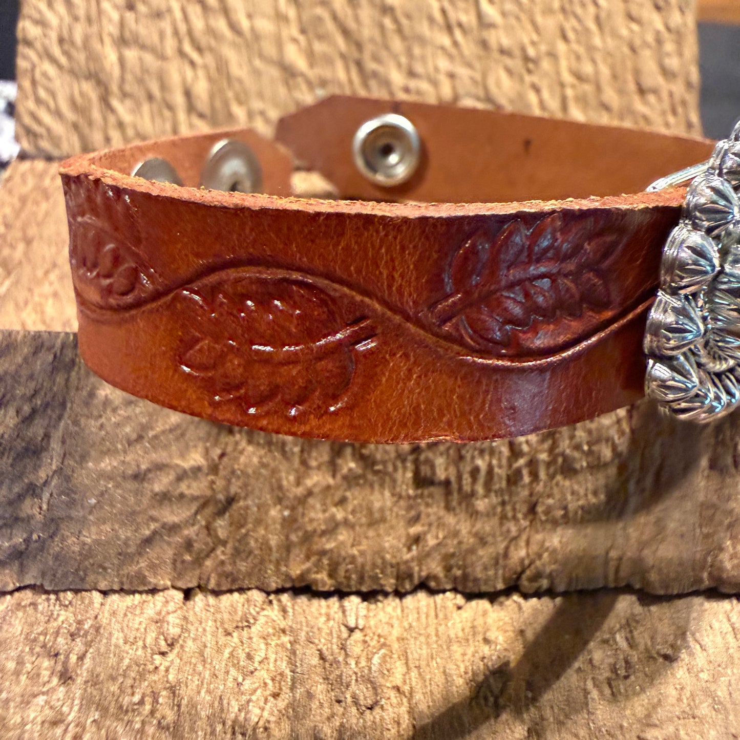 Royston Turquoise Gemstone Susanne Johnson Navajo Handmade Tooled Leather Bracelet Wild West Boho