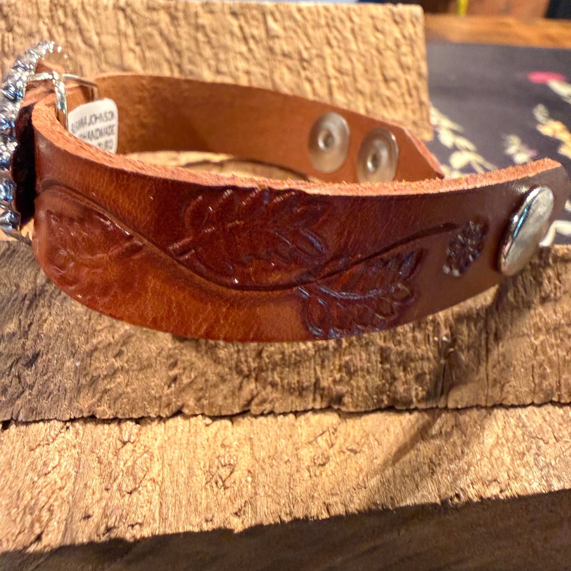 Royston Turquoise Gemstone Susanne Johnson Navajo Handmade Tooled Leather Bracelet Wild West Boho