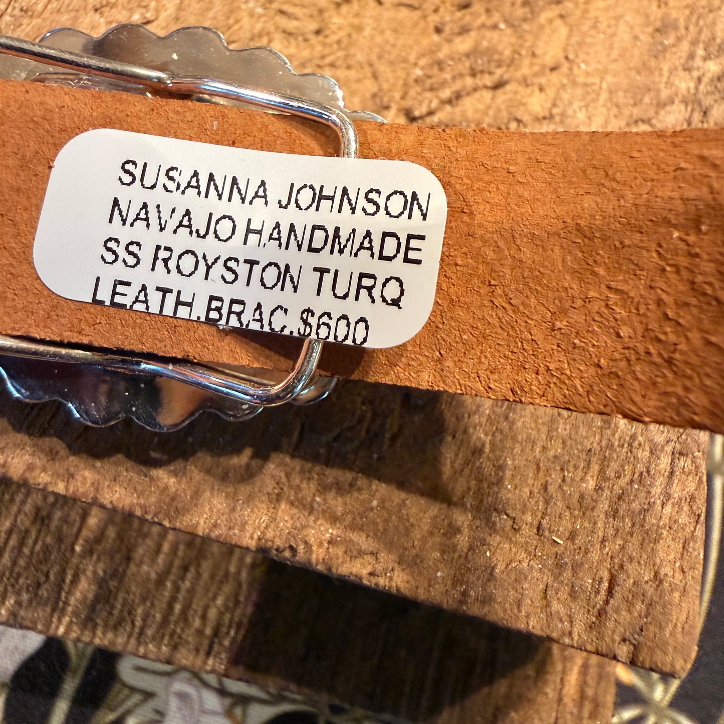 Royston Turquoise Gemstone Susanne Johnson Navajo Handmade Tooled Leather Bracelet Wild West Boho