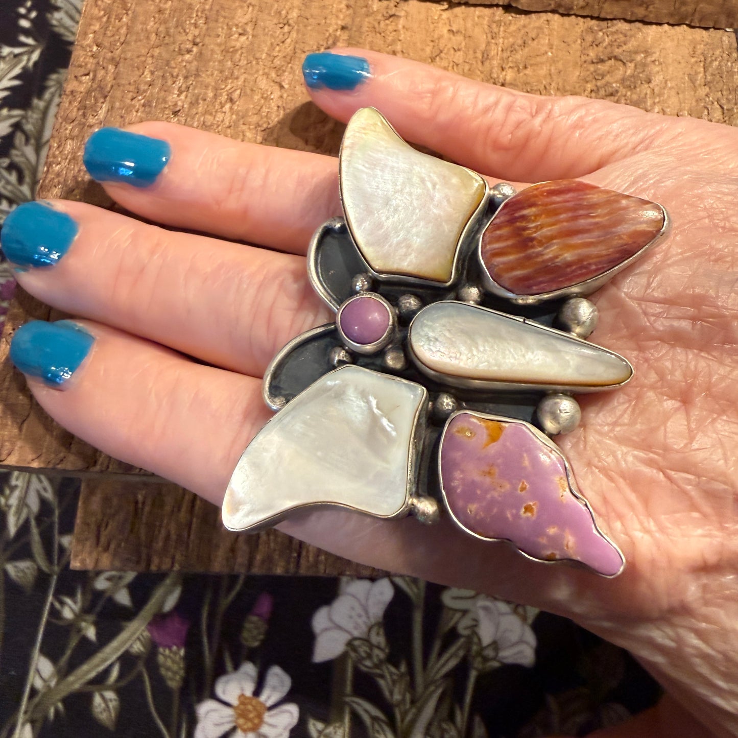 Native Handmade Sheila Belone Mother of Pearl and Spiny Butterfly Ring Size 9 Wild West Boho