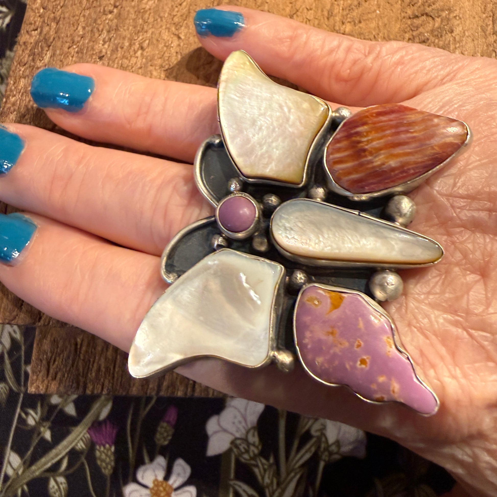 Native Handmade Sheila Belone Mother of Pearl and Spiny Butterfly Ring Size 9 Wild West Boho