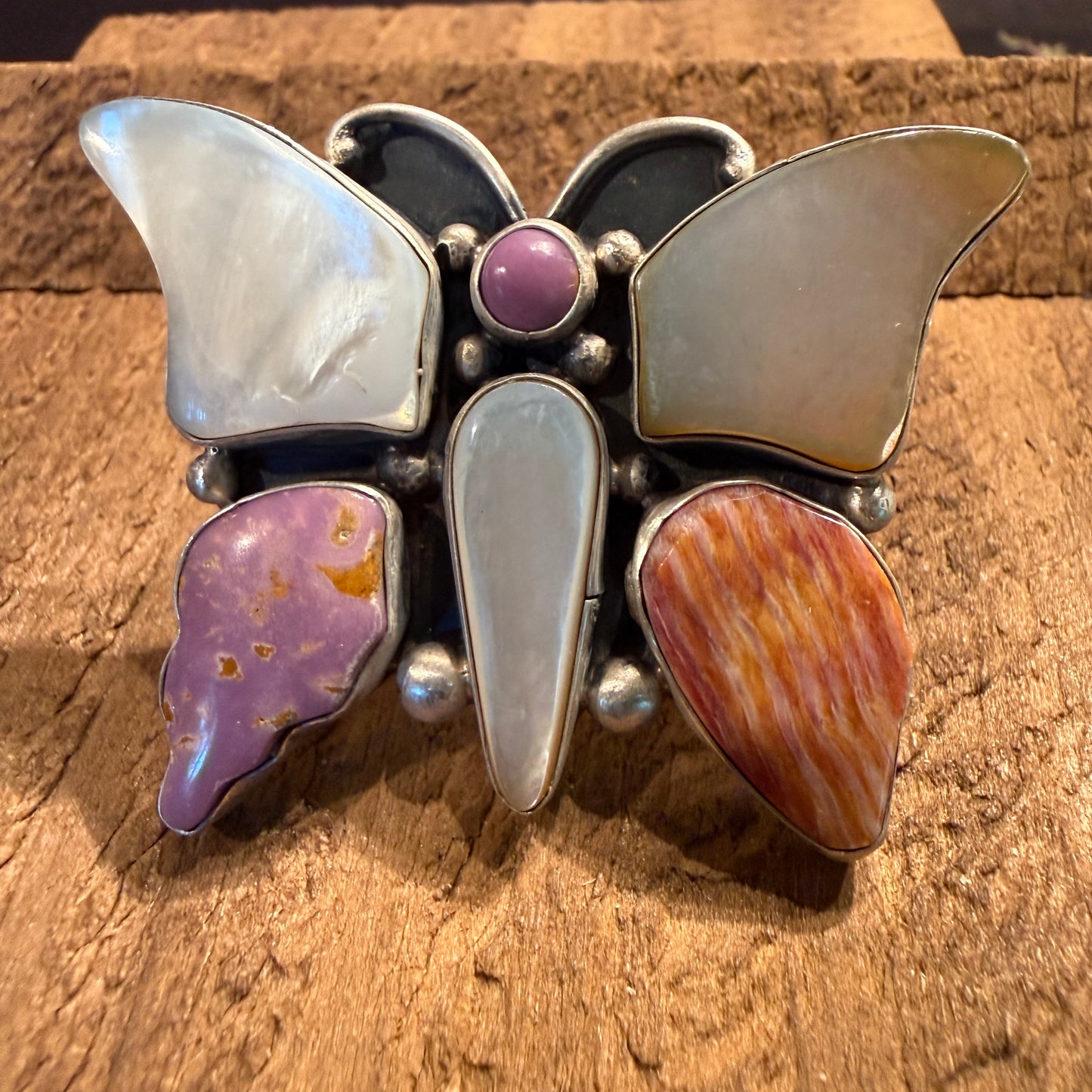 Native Handmade Sheila Belone Mother of Pearl and Spiny Butterfly Ring Size 9 Wild West Boho