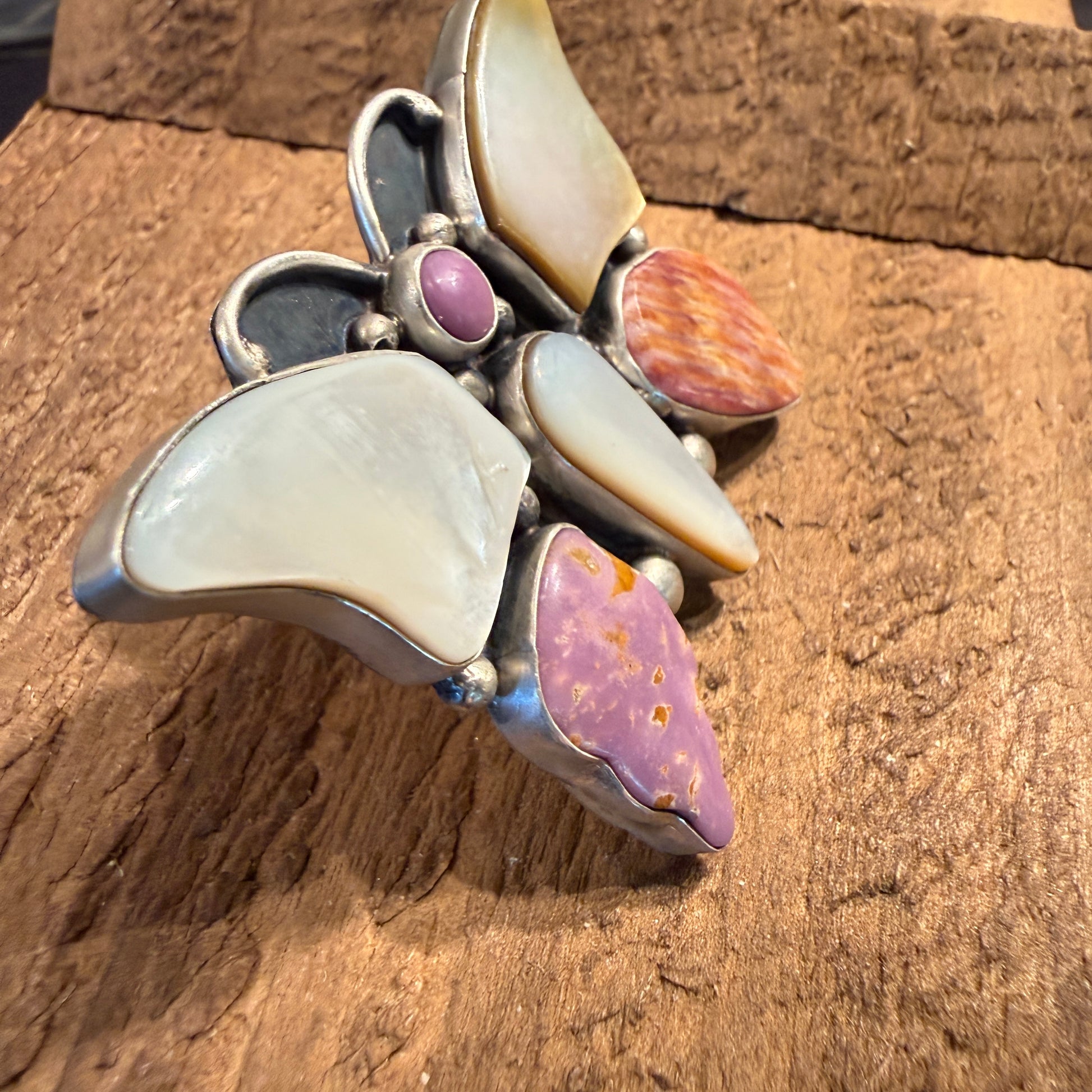 Native Handmade Sheila Belone Mother of Pearl and Spiny Butterfly Ring Size 9 Wild West Boho