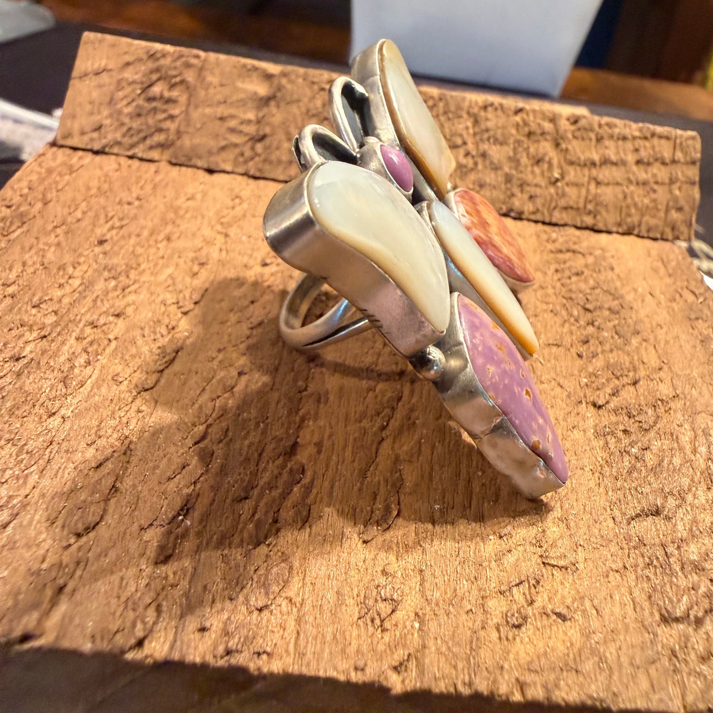 Native Handmade Sheila Belone Mother of Pearl and Spiny Butterfly Ring Size 9 Wild West Boho