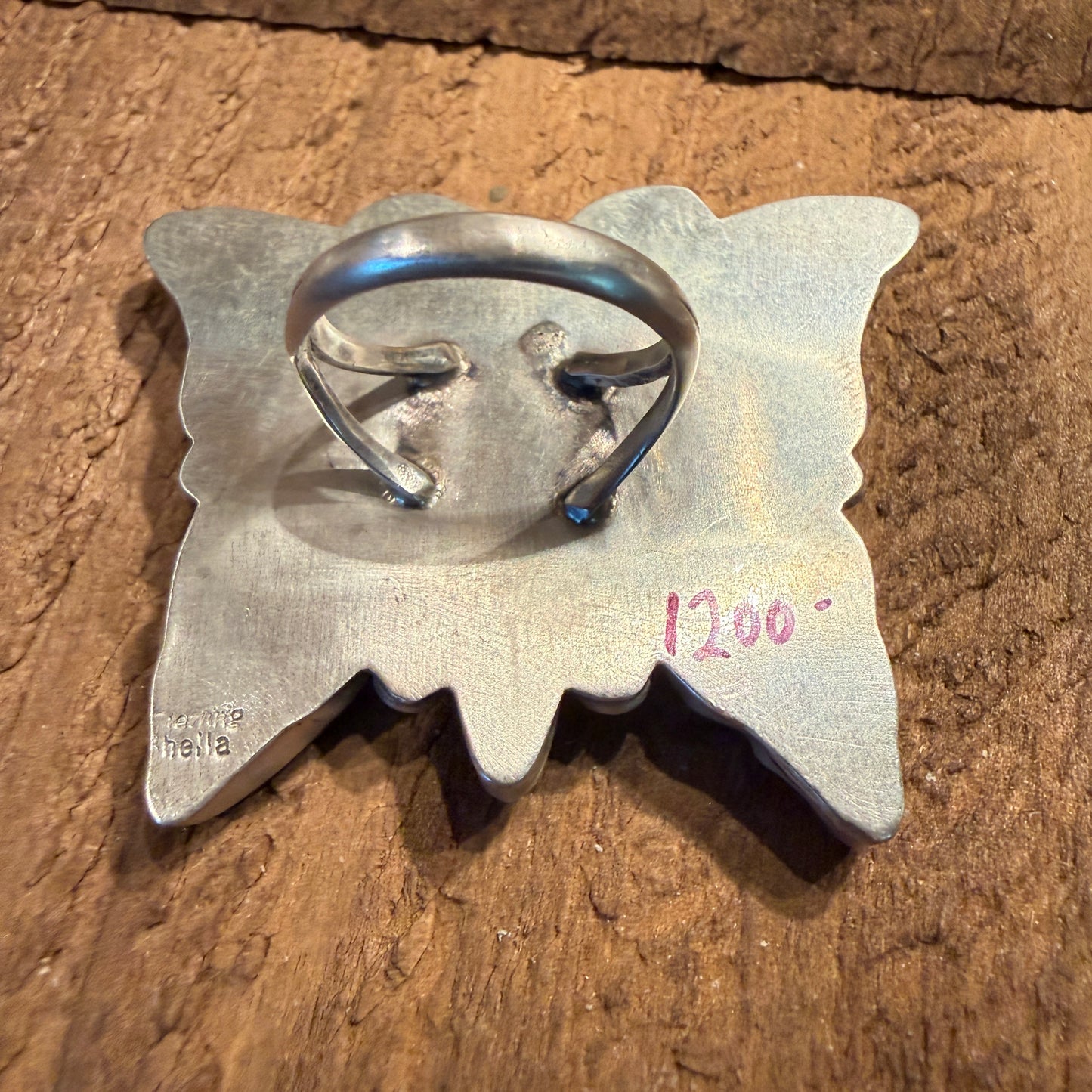 Native Handmade Sheila Belone Mother of Pearl and Spiny Butterfly Ring Size 9 Wild West Boho