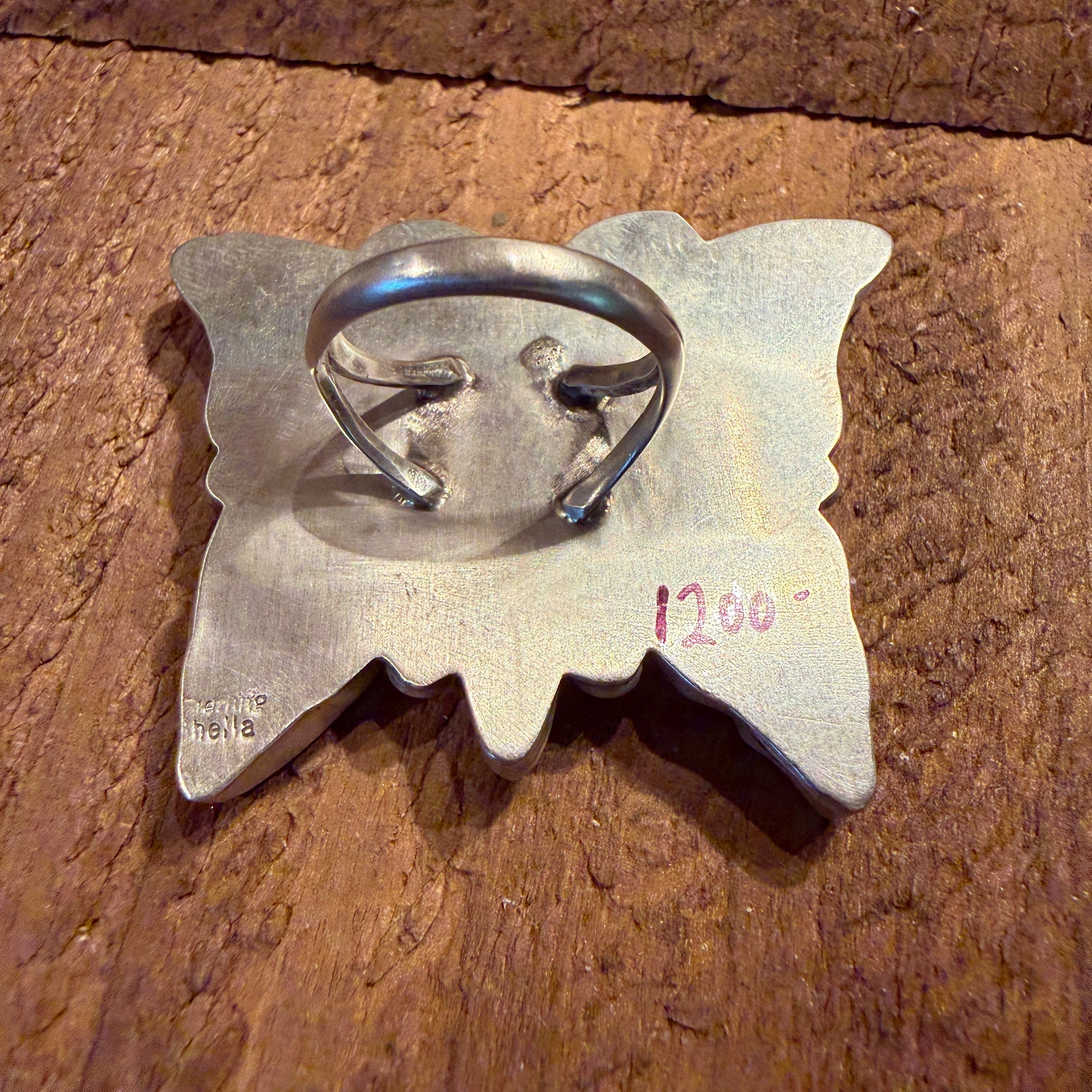 Native Handmade Sheila Belone Mother of Pearl and Spiny Butterfly Ring Size 9 Wild West Boho