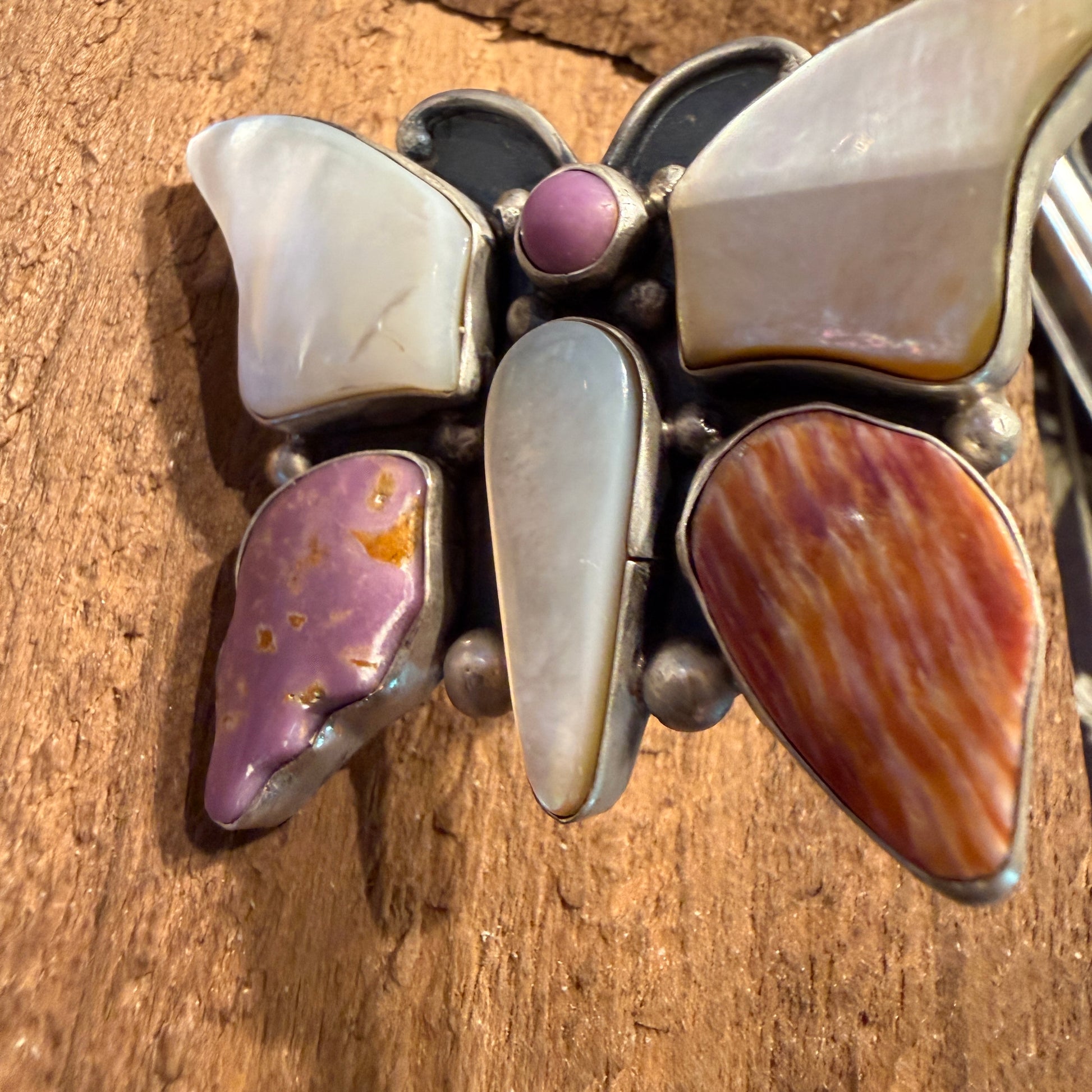 Native Handmade Sheila Belone Mother of Pearl and Spiny Butterfly Ring Size 9 Wild West Boho