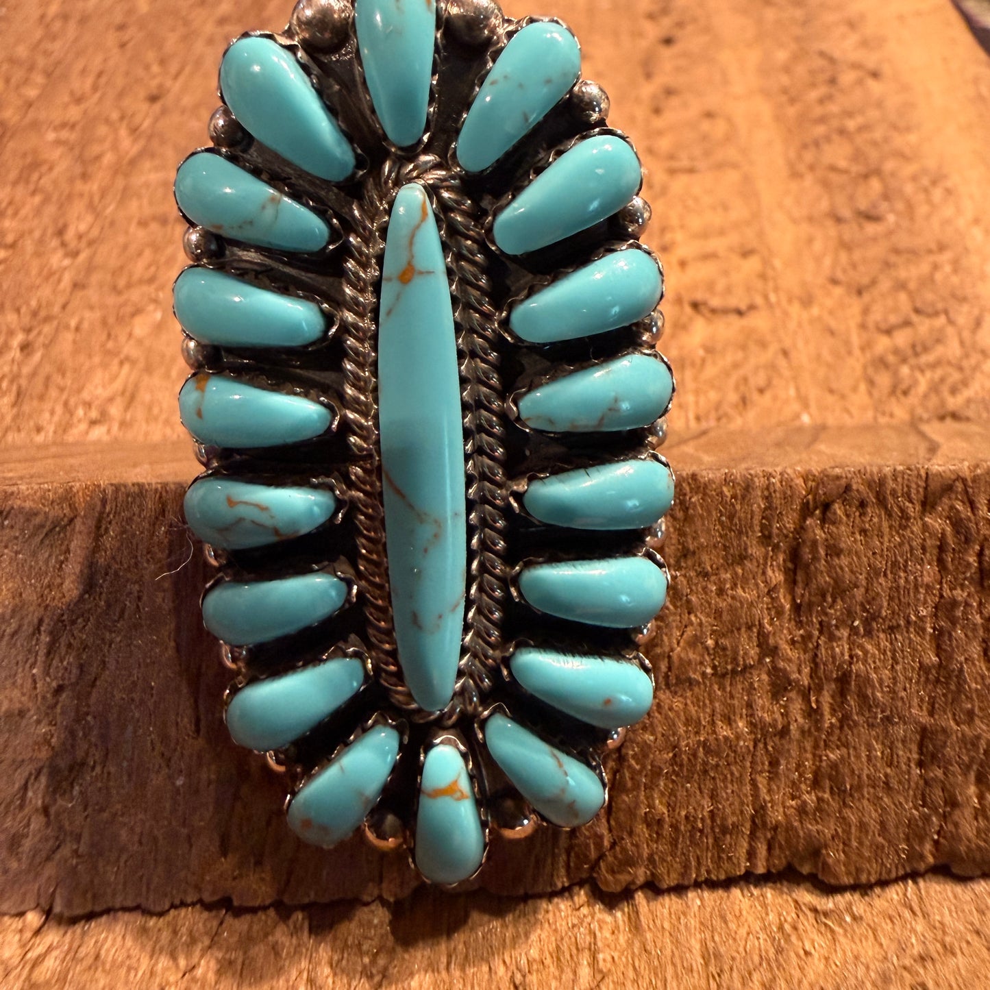 Native Handmade Davinia Benally Turquoise Needlepoint Ring Sterling Silver Size 8.5 Wild West Boho