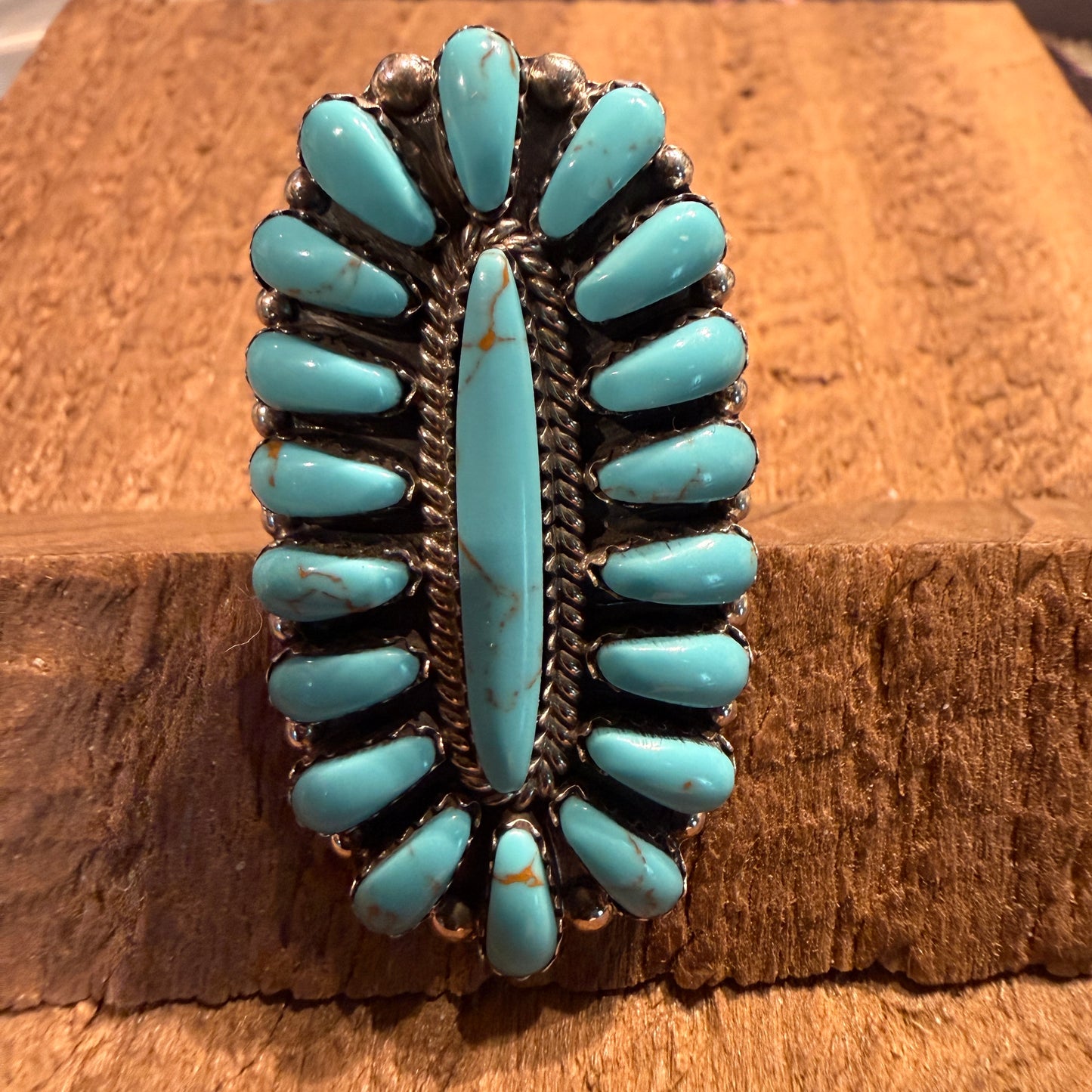 Native Handmade Davinia Benally Turquoise Needlepoint Ring Sterling Silver Size 8.5 Wild West Boho