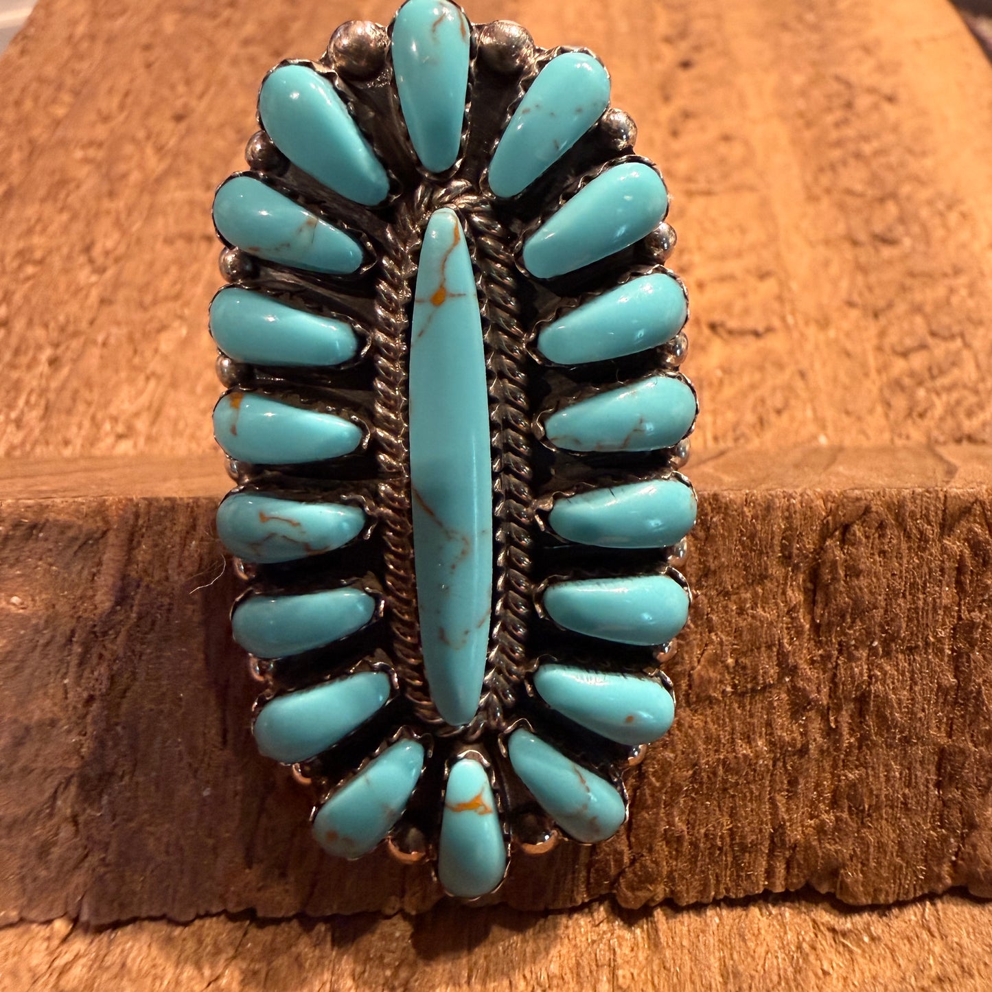 Native Handmade Davinia Benally Turquoise Needlepoint Ring Sterling Silver Size 8.5 Wild West Boho