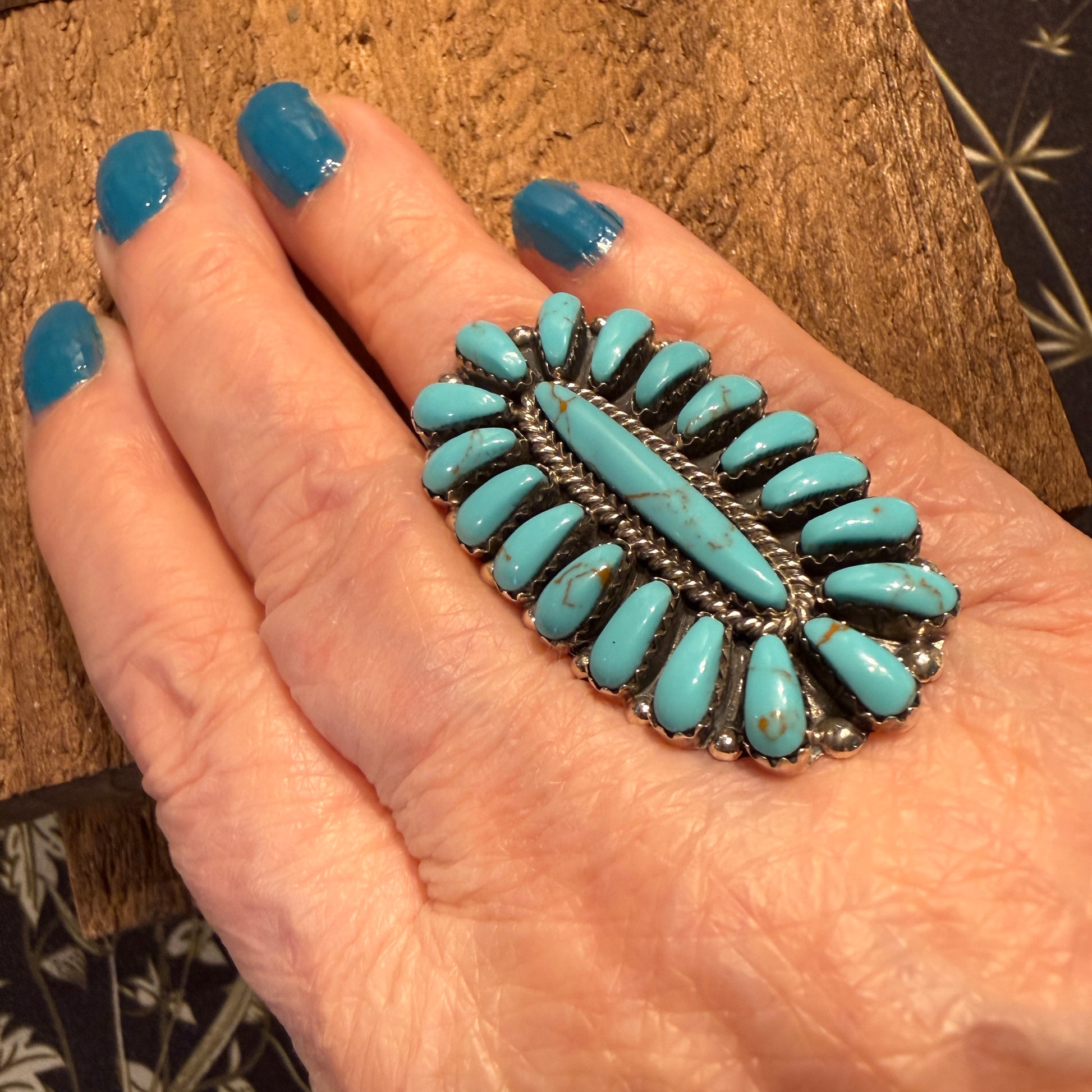 Native Handmade Davinia Benally Turquoise Needlepoint Ring Sterling Silver Size 8.5 Wild West Boho