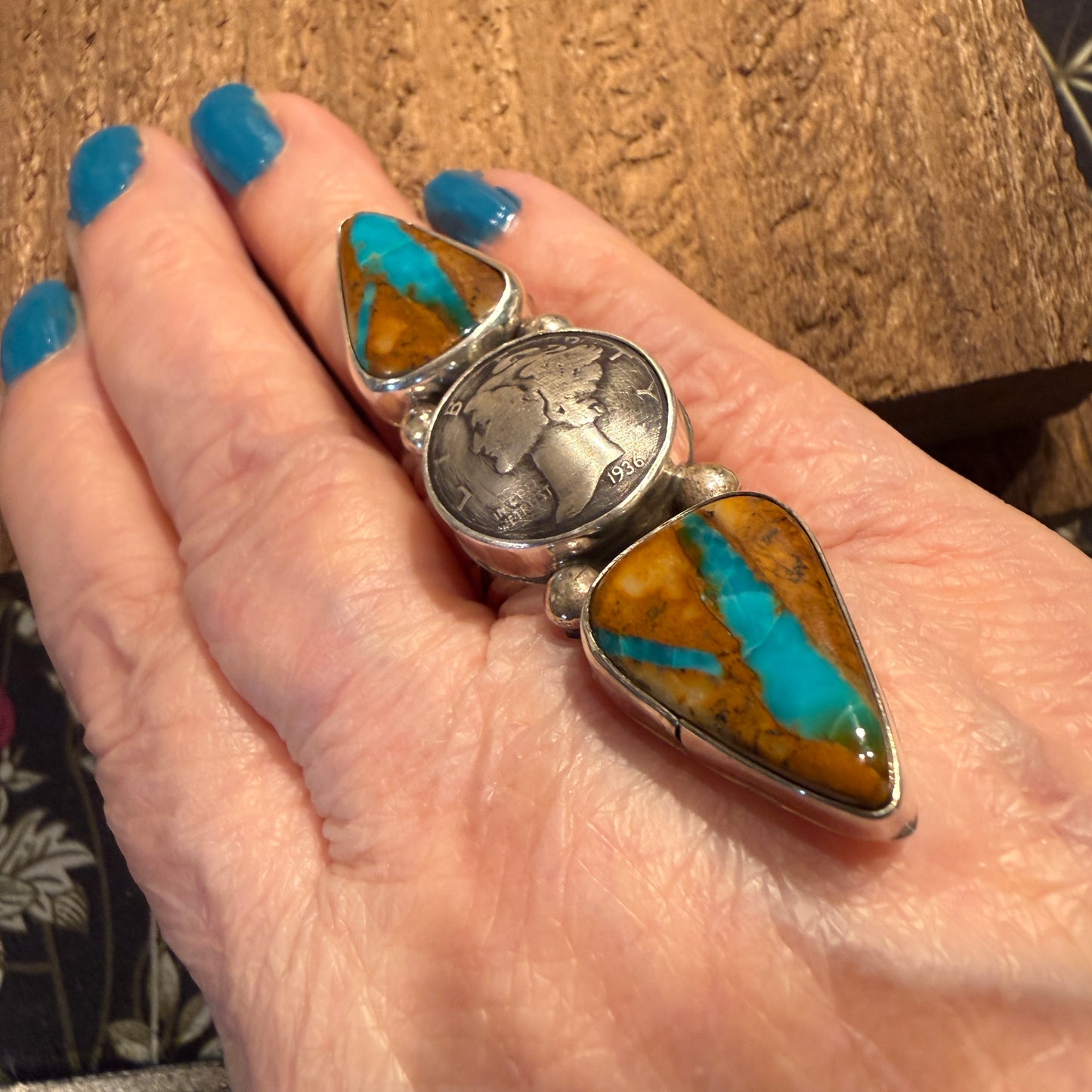 Native Handmade K Henry Royston Ribbon Turquoise 1936 Coin Ring Adjustable Wild West Boho
