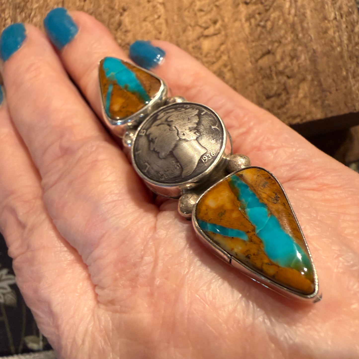 Native Handmade K Henry Royston Ribbon Turquoise 1936 Coin Ring Adjustable Wild West Boho
