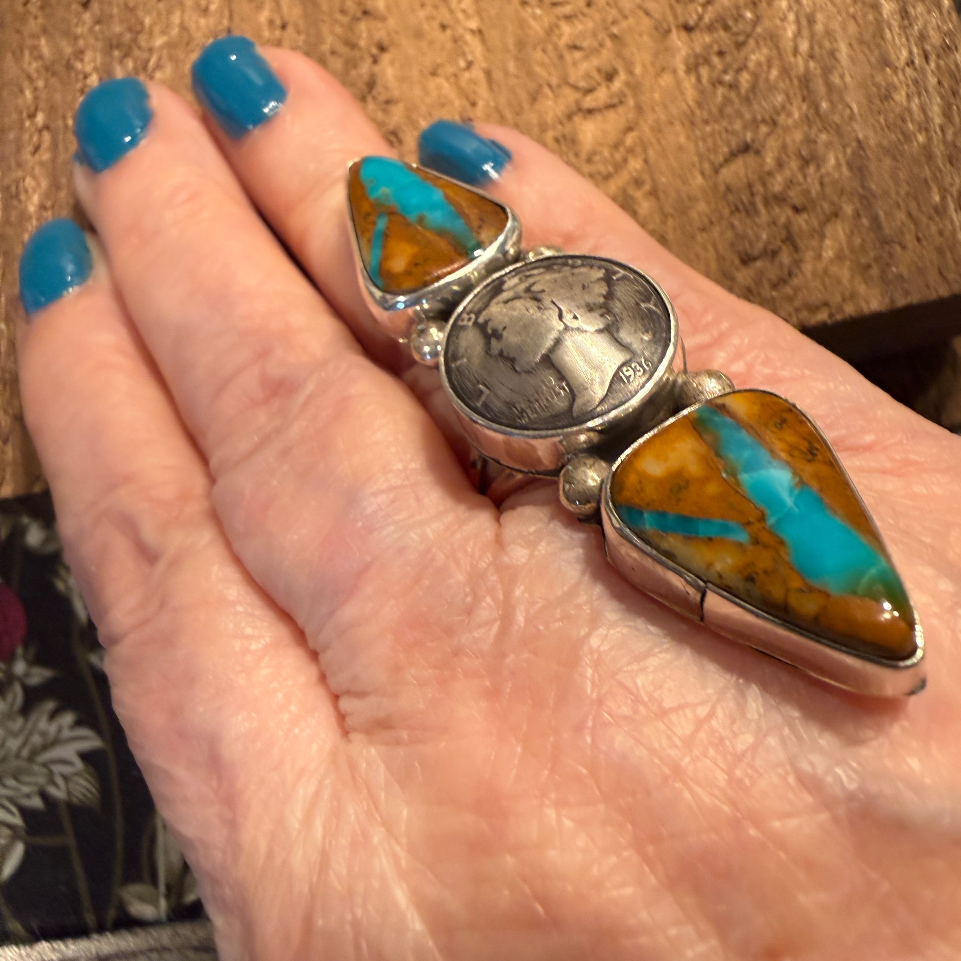 Native Handmade K Henry Royston Ribbon Turquoise 1936 Coin Ring Adjustable Wild West Boho